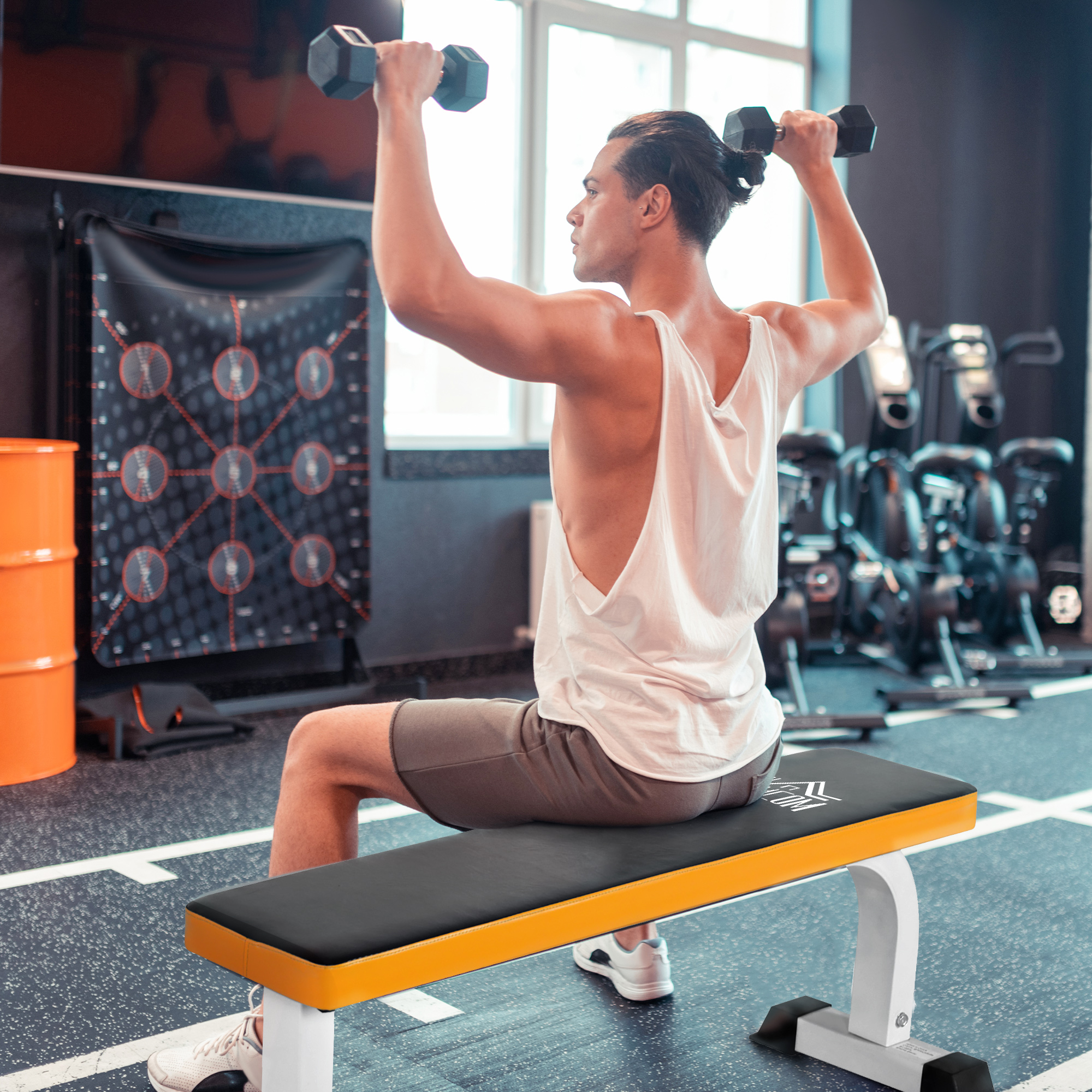 Hantelbank, Flachbank, Fitnessbank, Multifunktion Trainingsbank für zuhause Krafttraining, Stahl, Schwarz, 112x 62 x 43 cm