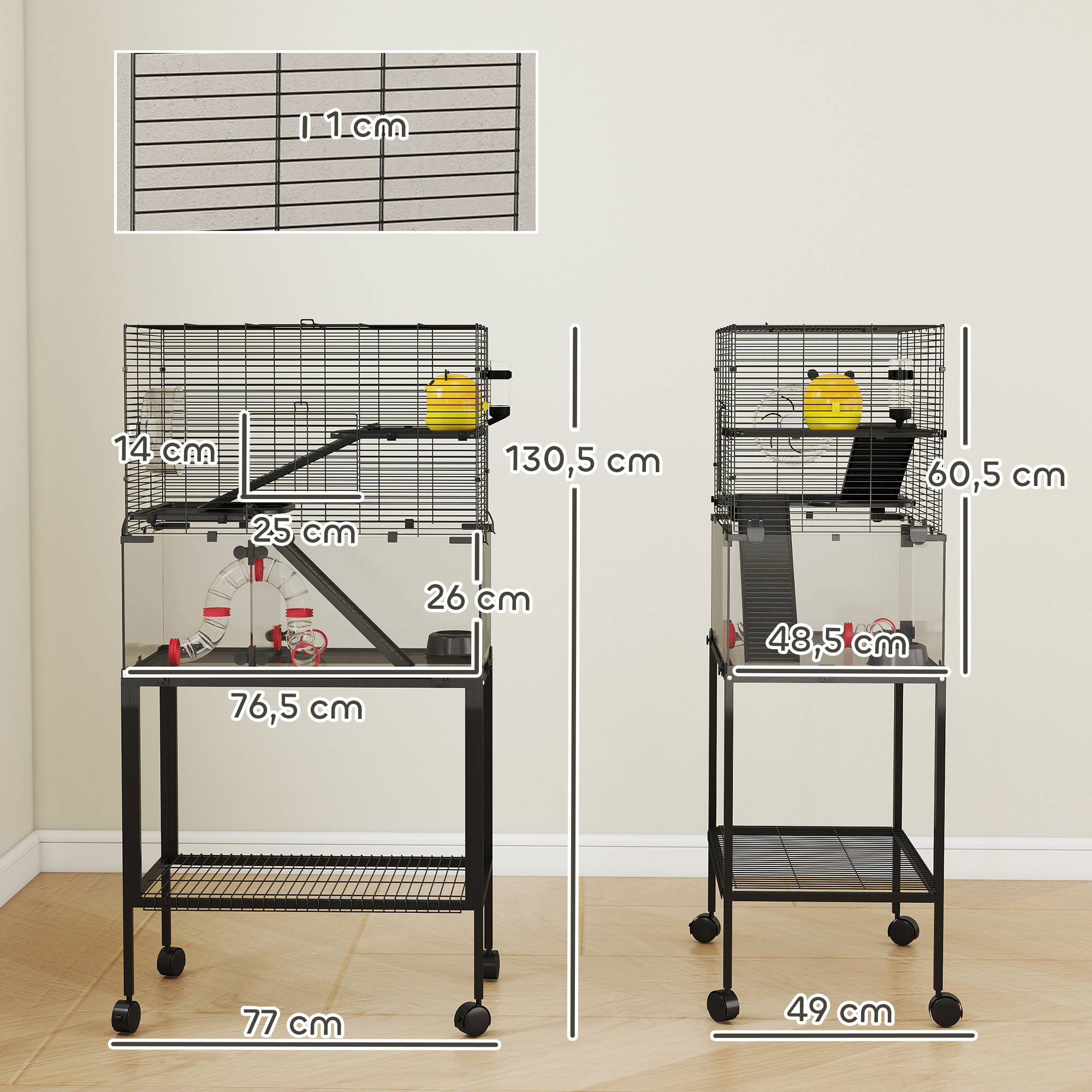 Hamsterkäfig, Kleintiergehege mit 3 Ebenen, Laufrad, Hütte, Plattformen, Rampen, Futterschale, Wasserflasche, Zubehör, Stahl, Kunststoff, Schwarz