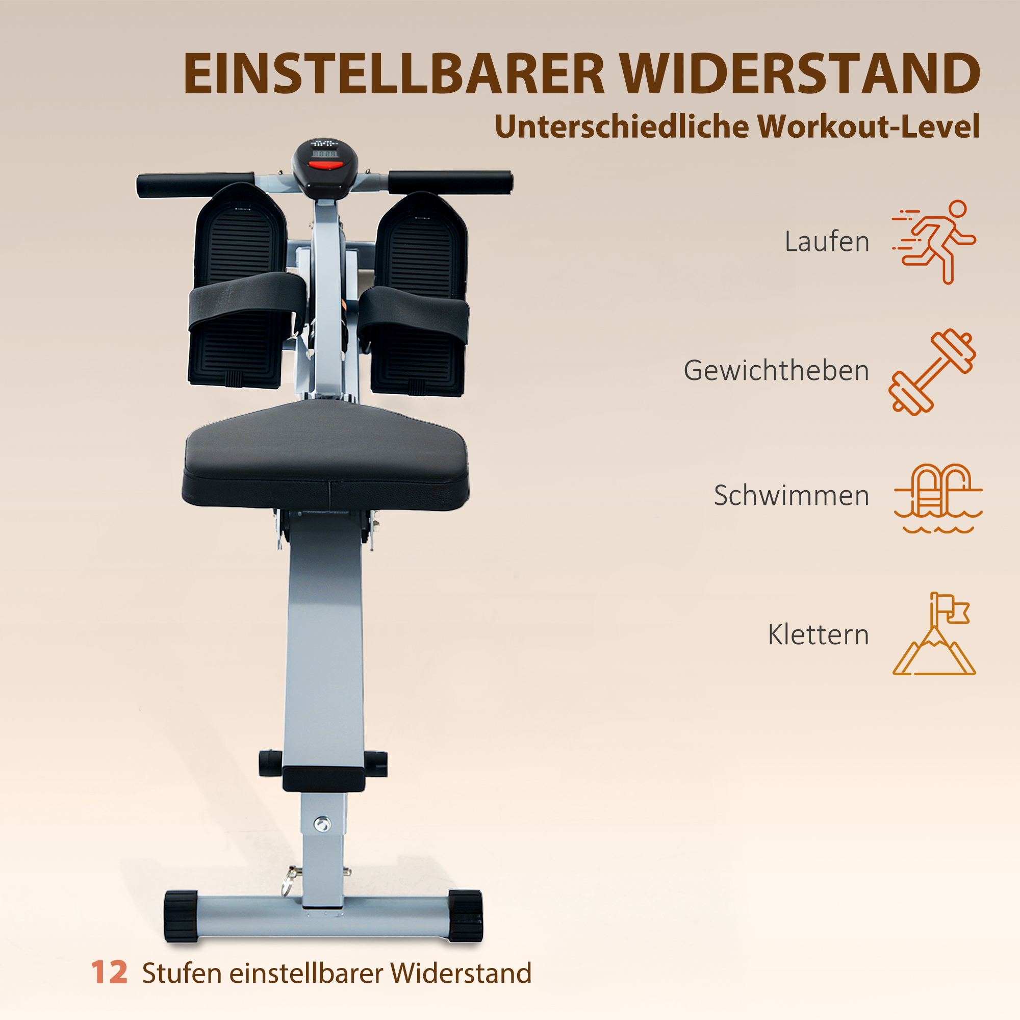 Rudergerät für Zuhause, Hydraulisches Fitness-Rudergerät mit LCD-Display, 12 Widerstandsstufen, Rudermaschine belastbar bis 100kg Fitnessgerät Trainingsgerät für das Ganzkörpertraining
