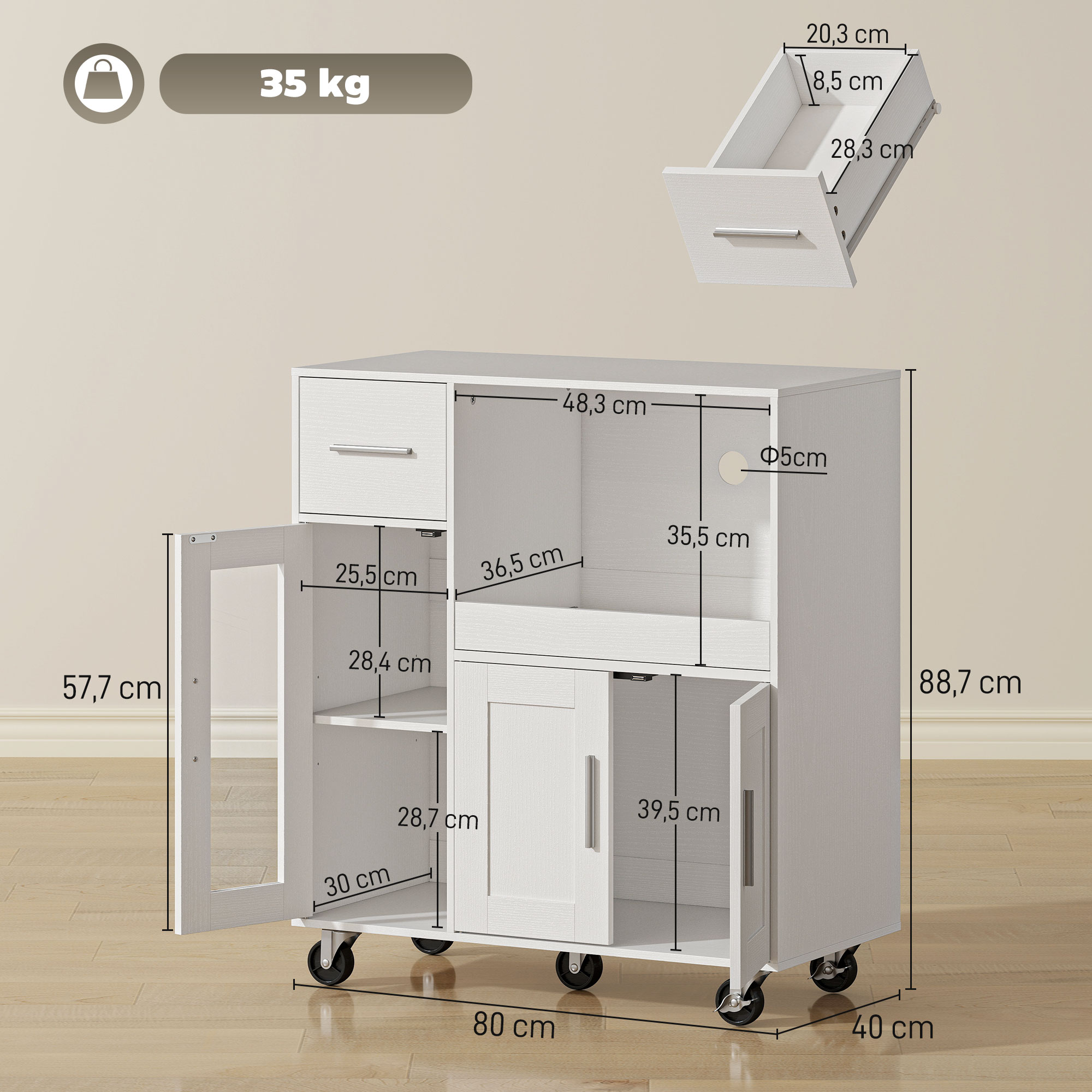 Küchenschrank auf Rädern, Mobile Küchenkommode mit Ablagen, Schubladen, verstellbarem Regal, Kabelloch, Weiß