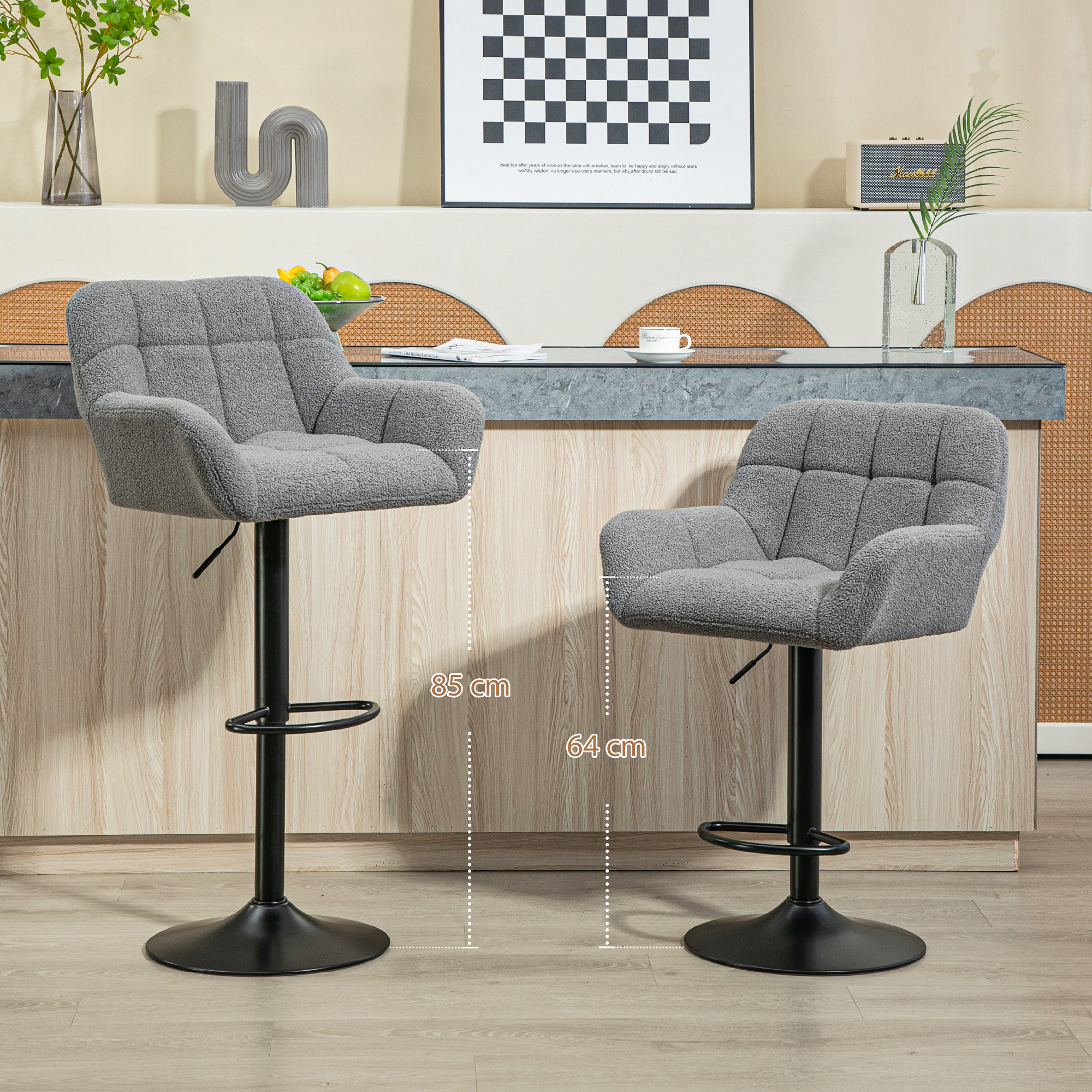 Barhocker 2er-Set Retro-Design höhenverstellbar Fleece-Optik Grau + Schwarz