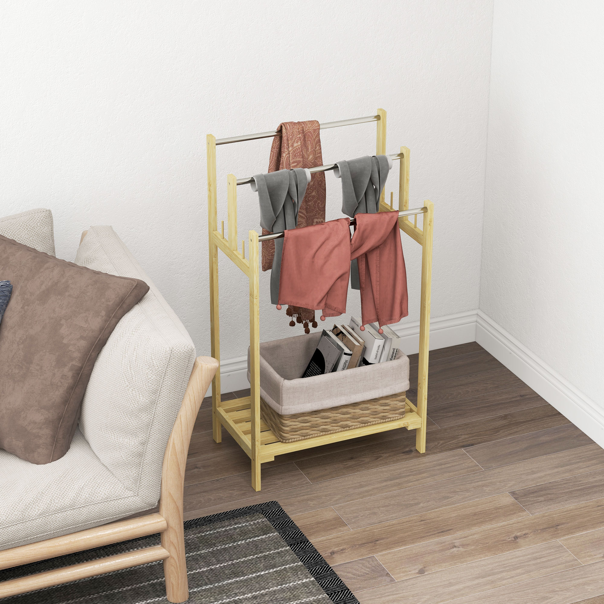 Handtuchhalter, freistehend, 3 Stangen, Bambus/Edelstahl, 50,5x31x90cm