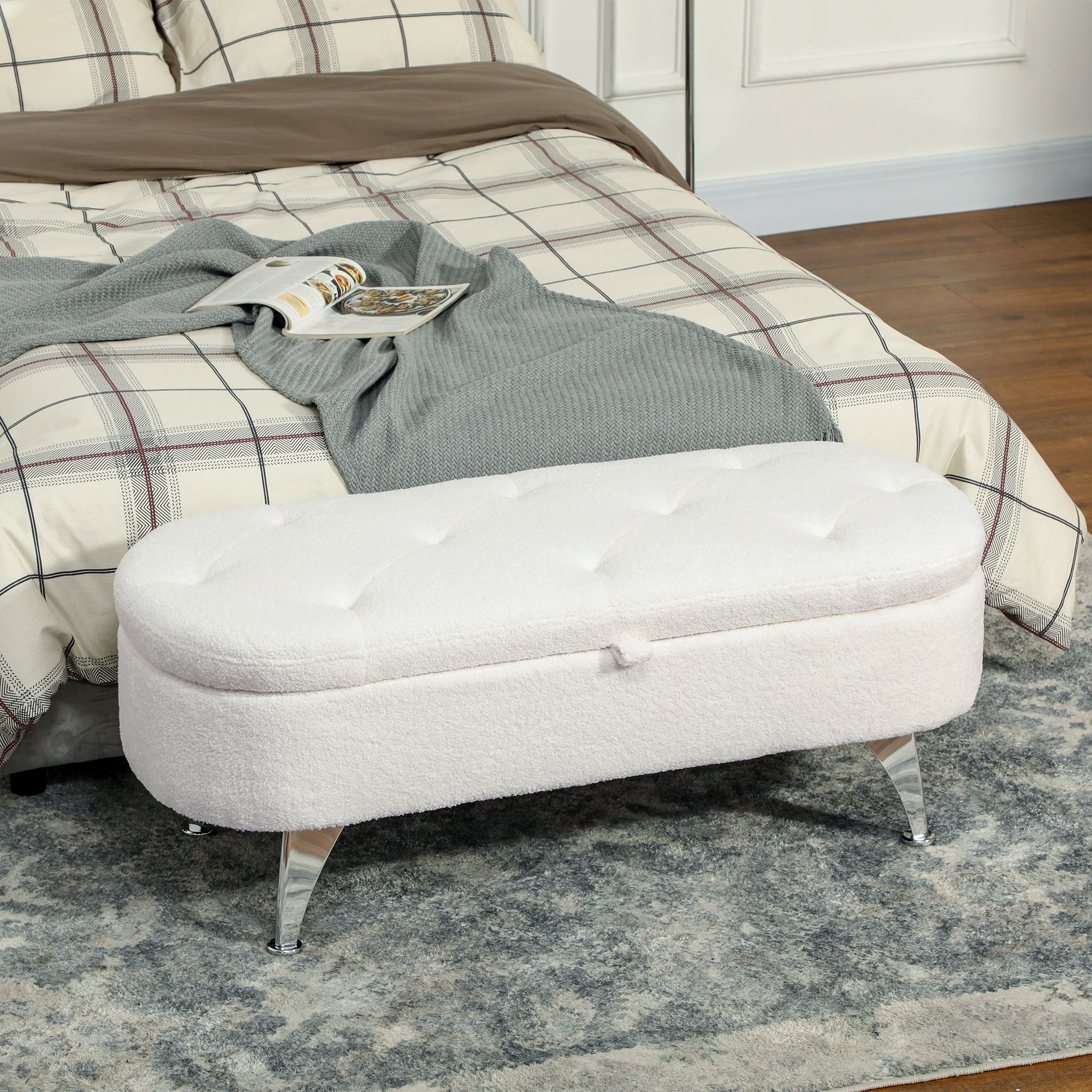 Sitzbank mit Stauraum, Deckel und Metallbeinen für Wohnzimmer, Schlafzimmer, Flur, Weiß