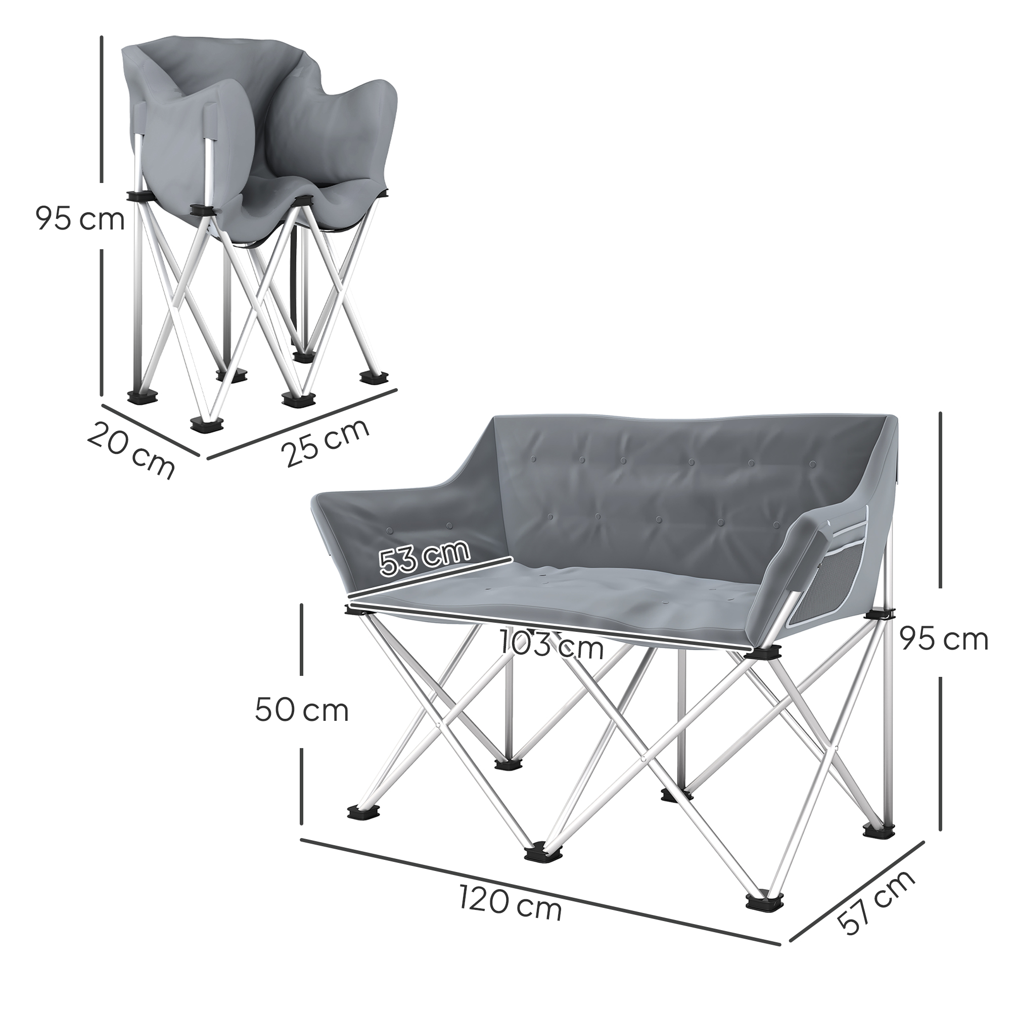 Faltstuhl 2 Sitzer faltbar Campingstuhl mit Armlehnen Seitentasche bis 240kg belastbar Grau