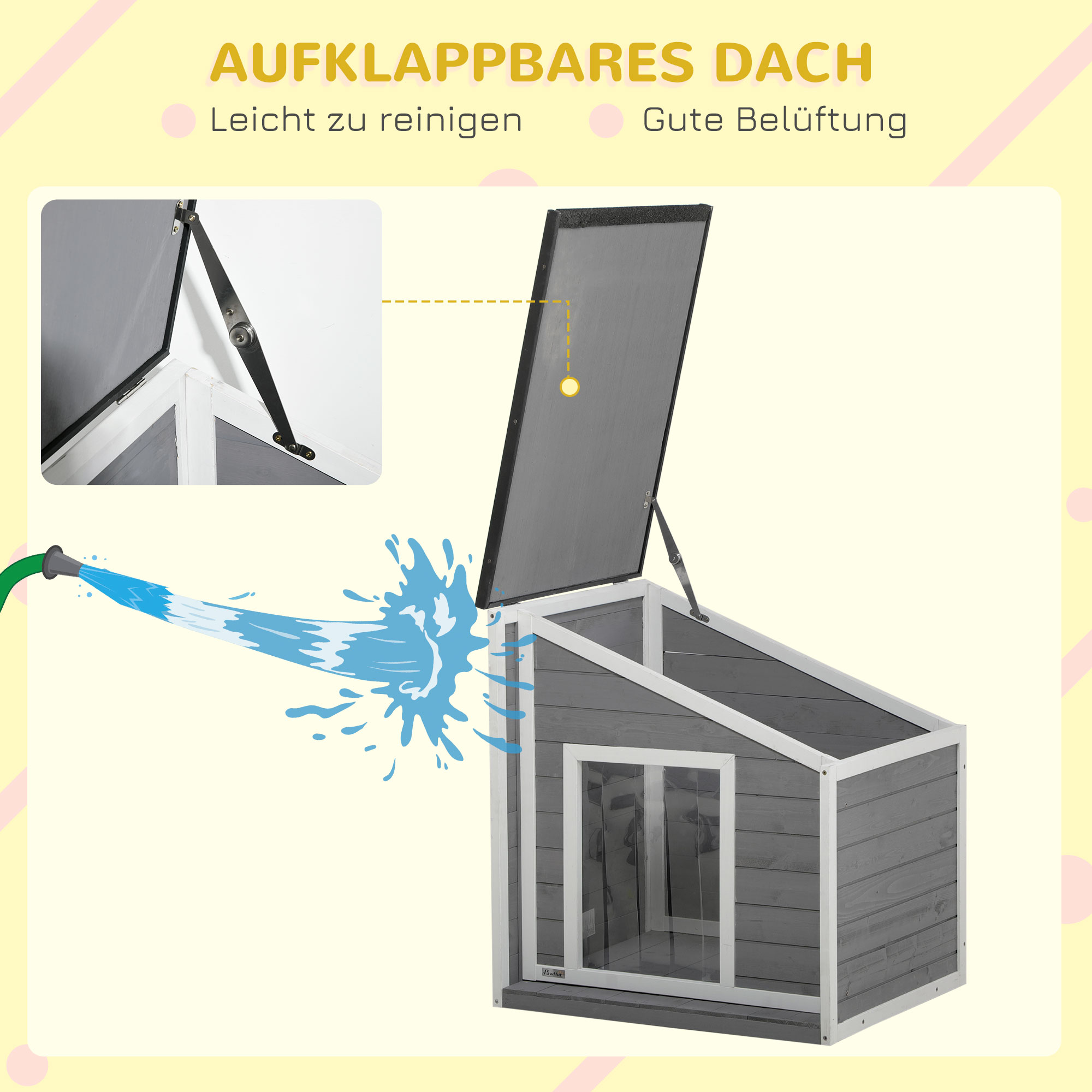 Hundehütte aus Massivholz, wetterbeständig, Asphaltdach, 71 cm x 58 cm x 77 cm, Grau + Weiß