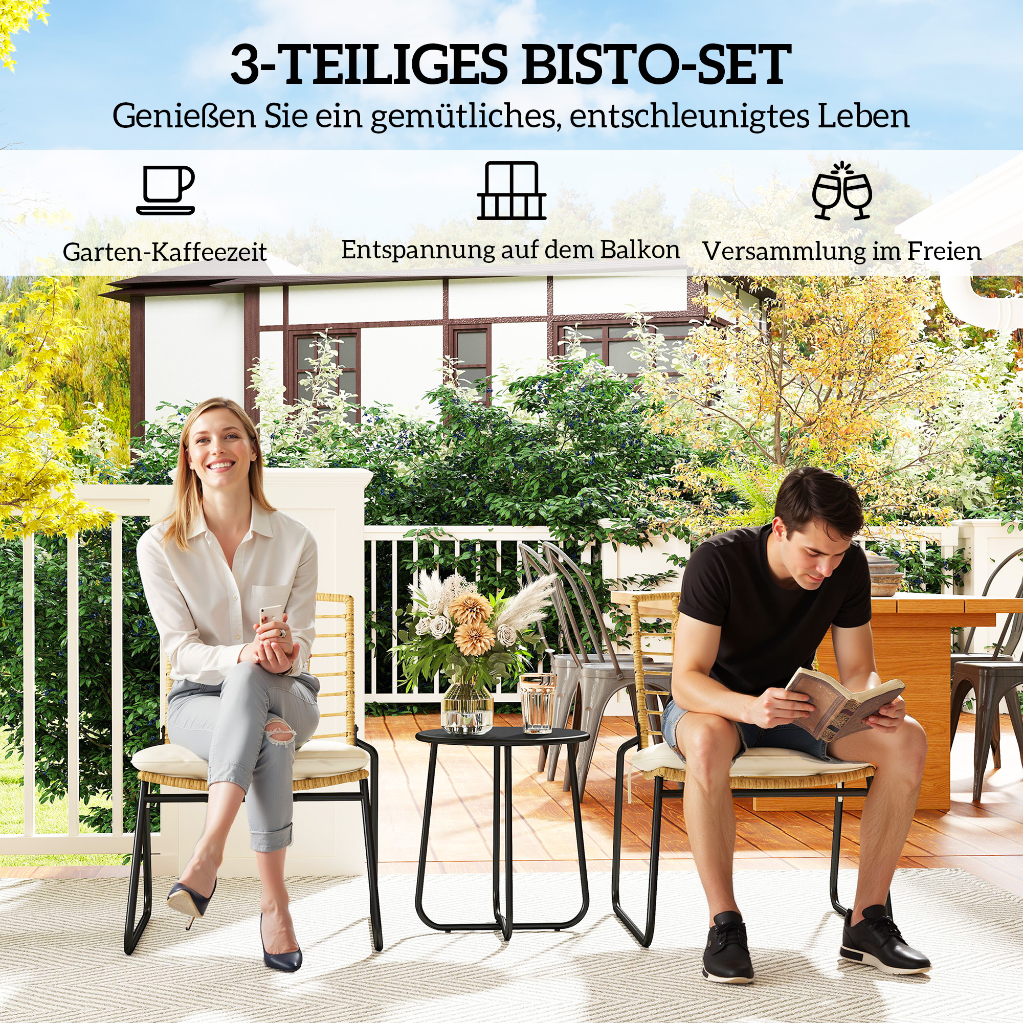 3-teiliges Gartenmöbel-Set, 2 Rattan-Stühle, 1 Tisch mit Metallplatte, Sitzkissen, Bistro-Set, Beige & Braun