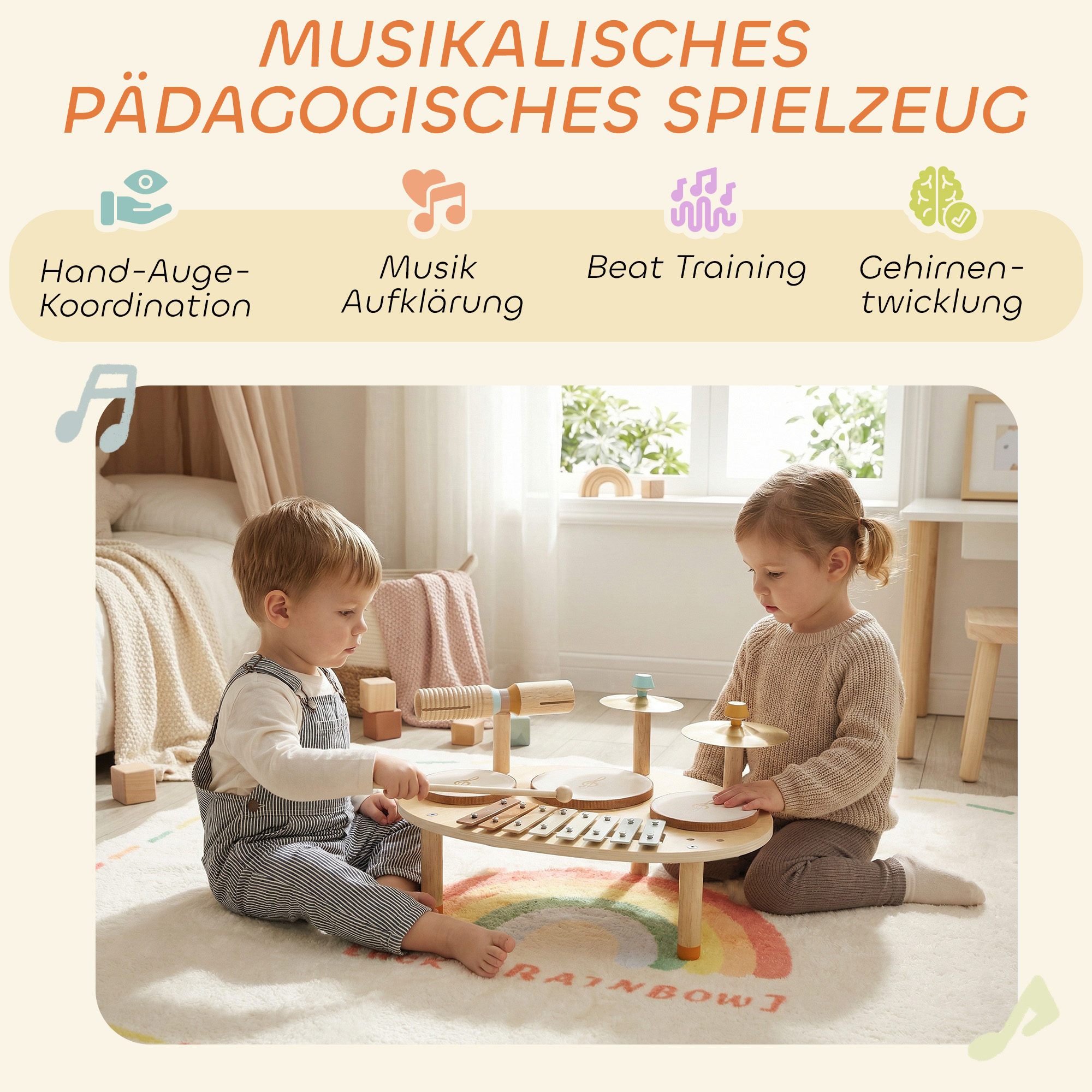 Kinder Schlagzeug 4-in-1 Montessori Musikinstrumente Set mit Trommeln Xylophon Schlagwerk für Kinder ab 2 Jahre