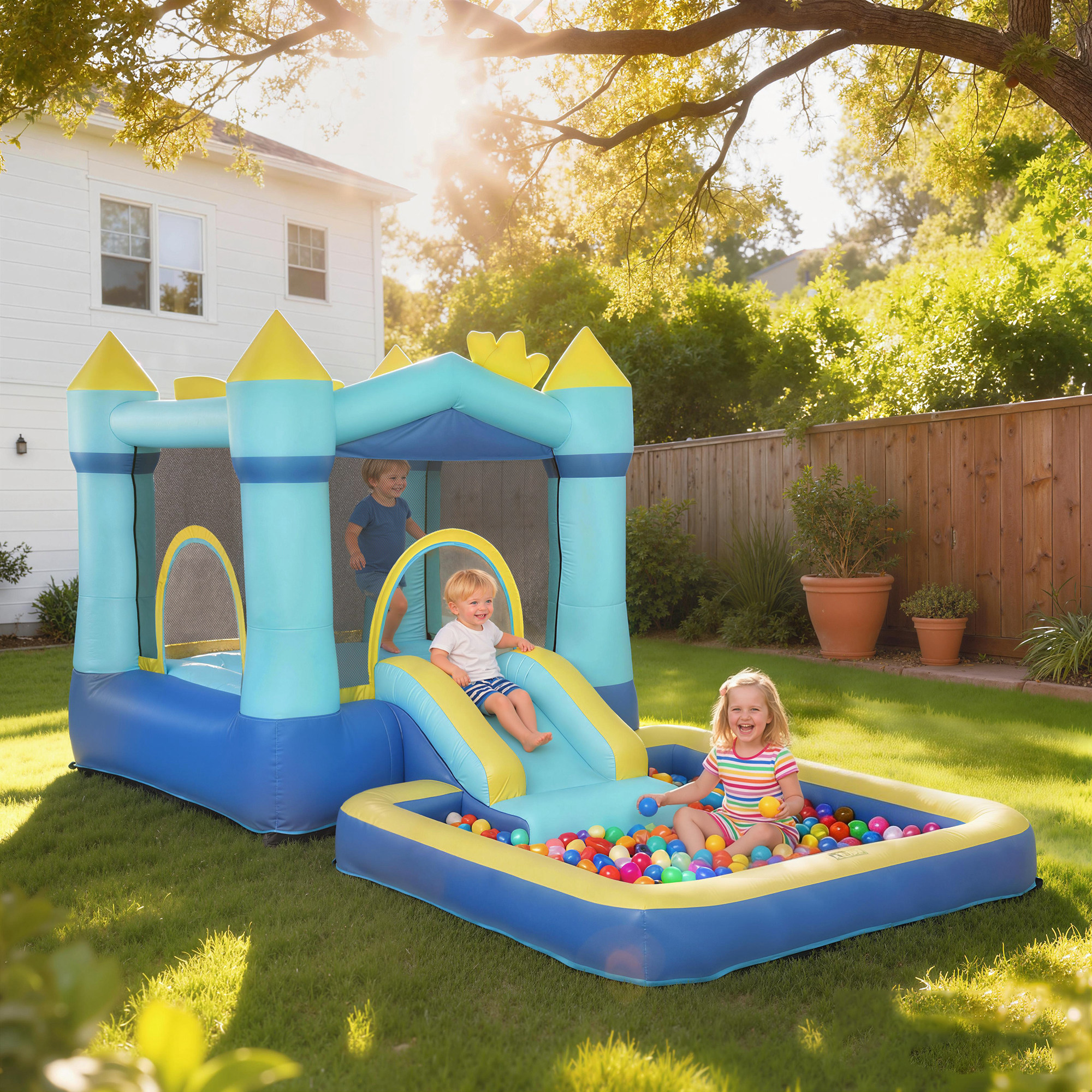 Hüpfburg Aufblasbar Spielcenter mit Gebläse Rutsche Trampolin Planschbecken/Bällebad Wasserpistole 364x173x182 cm Blau