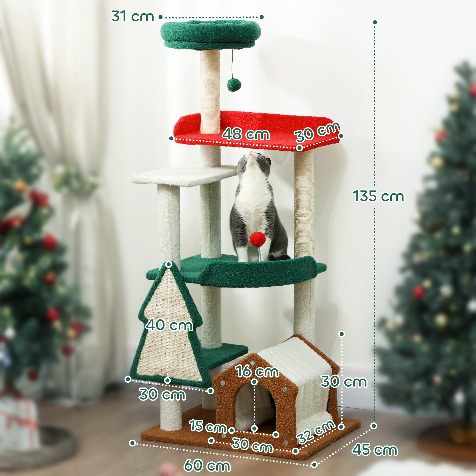 135 cm Katzenkratzbaum in Weihnachtsfarben mit Katzenbett, Katzenhaus, Kratzpfosten, Sprungplattformen, Spielzeugbällen