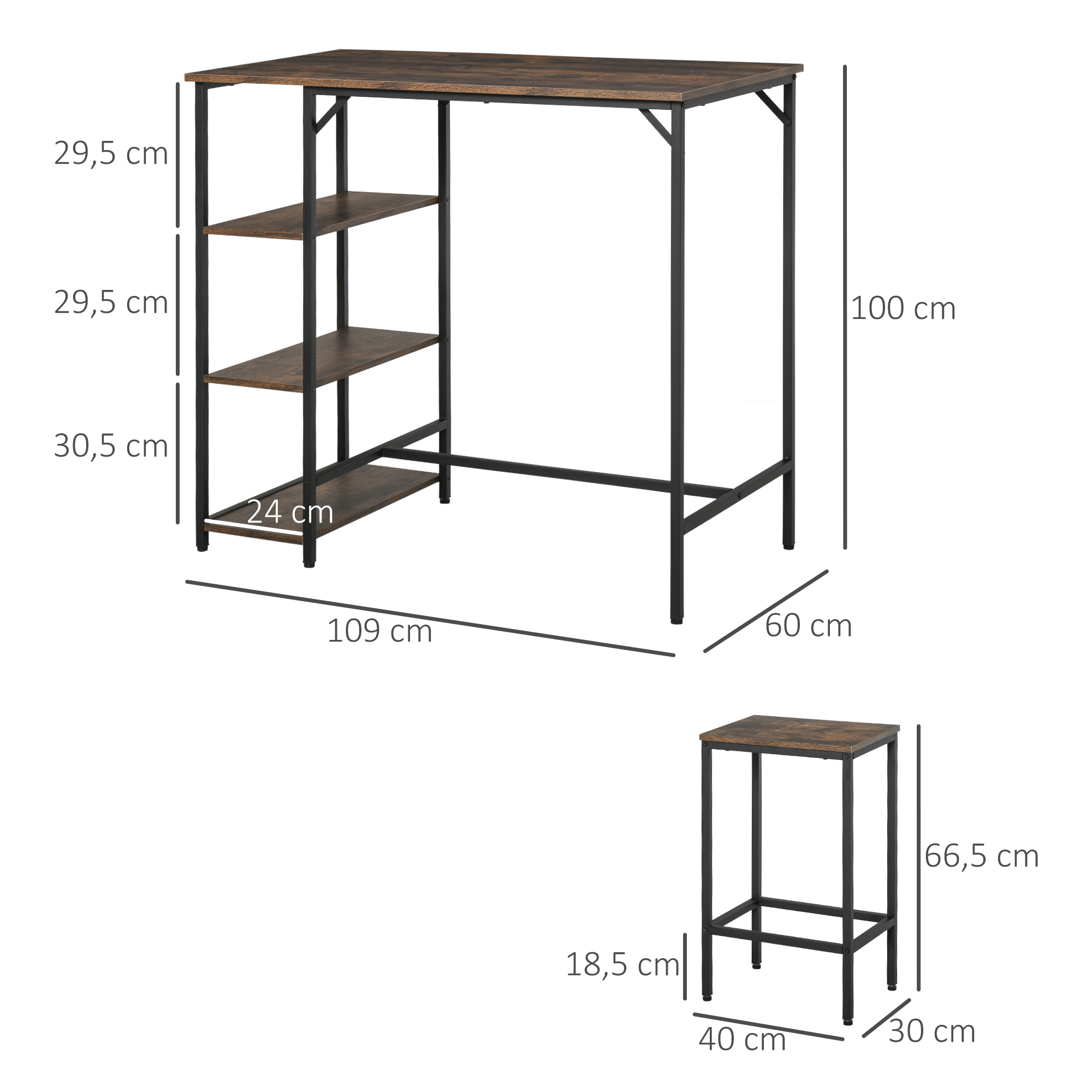 Bartisch-Set Stehtisch mit 2 Barhockern Essgruppe 3-teiliges Tischset Küchentresen mit Regale Spanplatte Stahl Rustikales Braun+Schwarz 109 x 60 x 100 cm