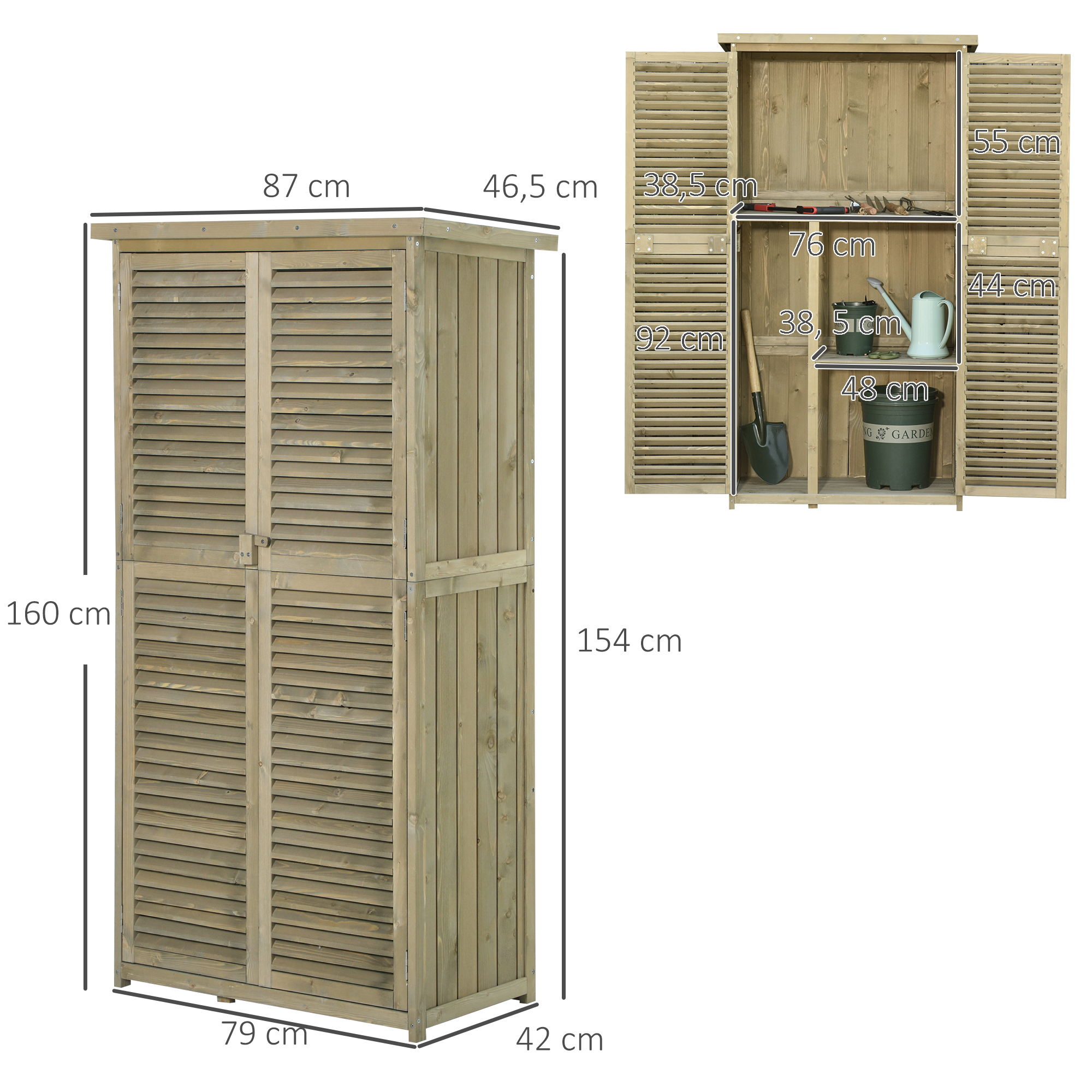Gartenschrank Holz Geräteschuppen Gerätehaus mit Asphaltdach Lamellentür Geräteschrank Schuppen Garten 4 Fächer Grau 87 x 46,5 x 160 cm