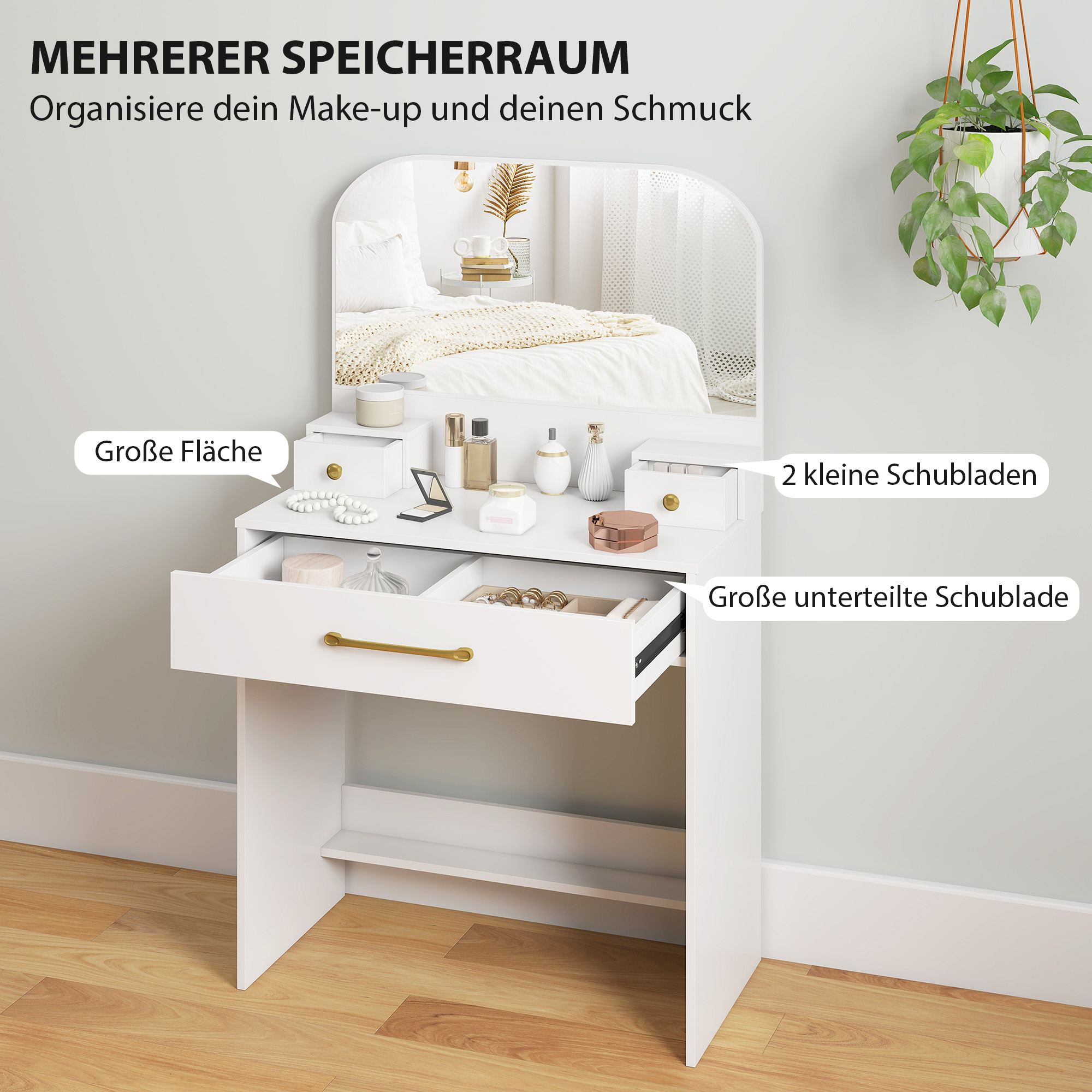 Schminktisch mit Spiegel, Kompakter Schminktisch mit 3 Schubladen, Weiß