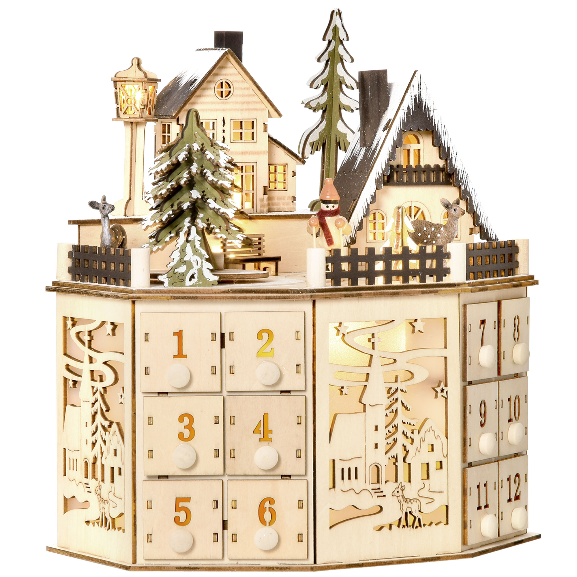 Adventskalender Adventskalenderbox Weihnachtsdekoration, LED-Lichter, 24 Schubladen, Natur
