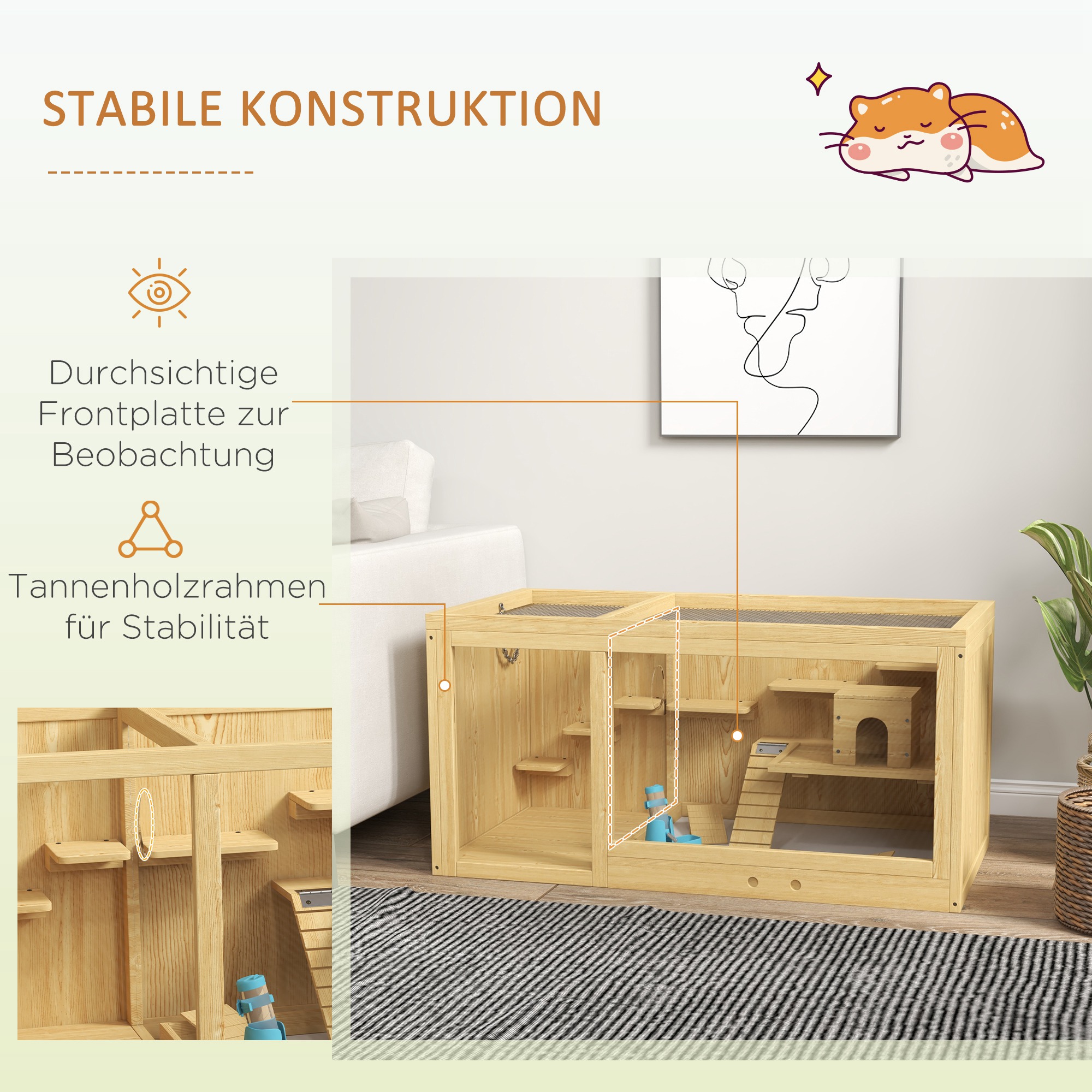 Kleintierkäfig Nagekäfig, Tannenholz, inkl, Zubehör und Tränke, 100 x 50 x 50 cm, Natur