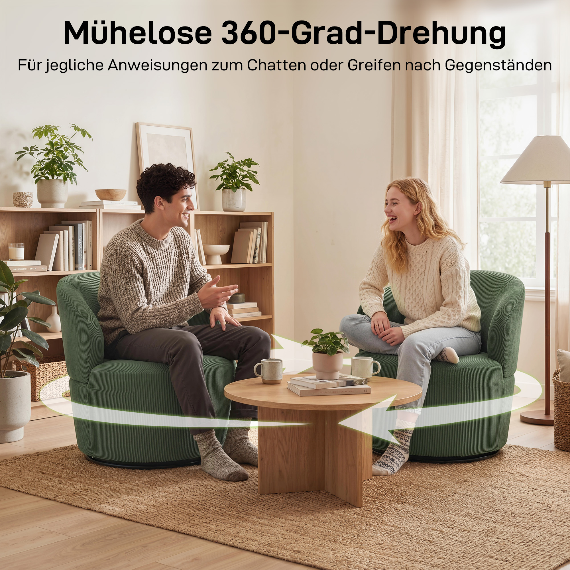 Akzentstuhl, 360-Grad-Drehung, Moderner Drehsessel mit Rundfuß, für Wohnzimmer und Schlafzimmer, Grün