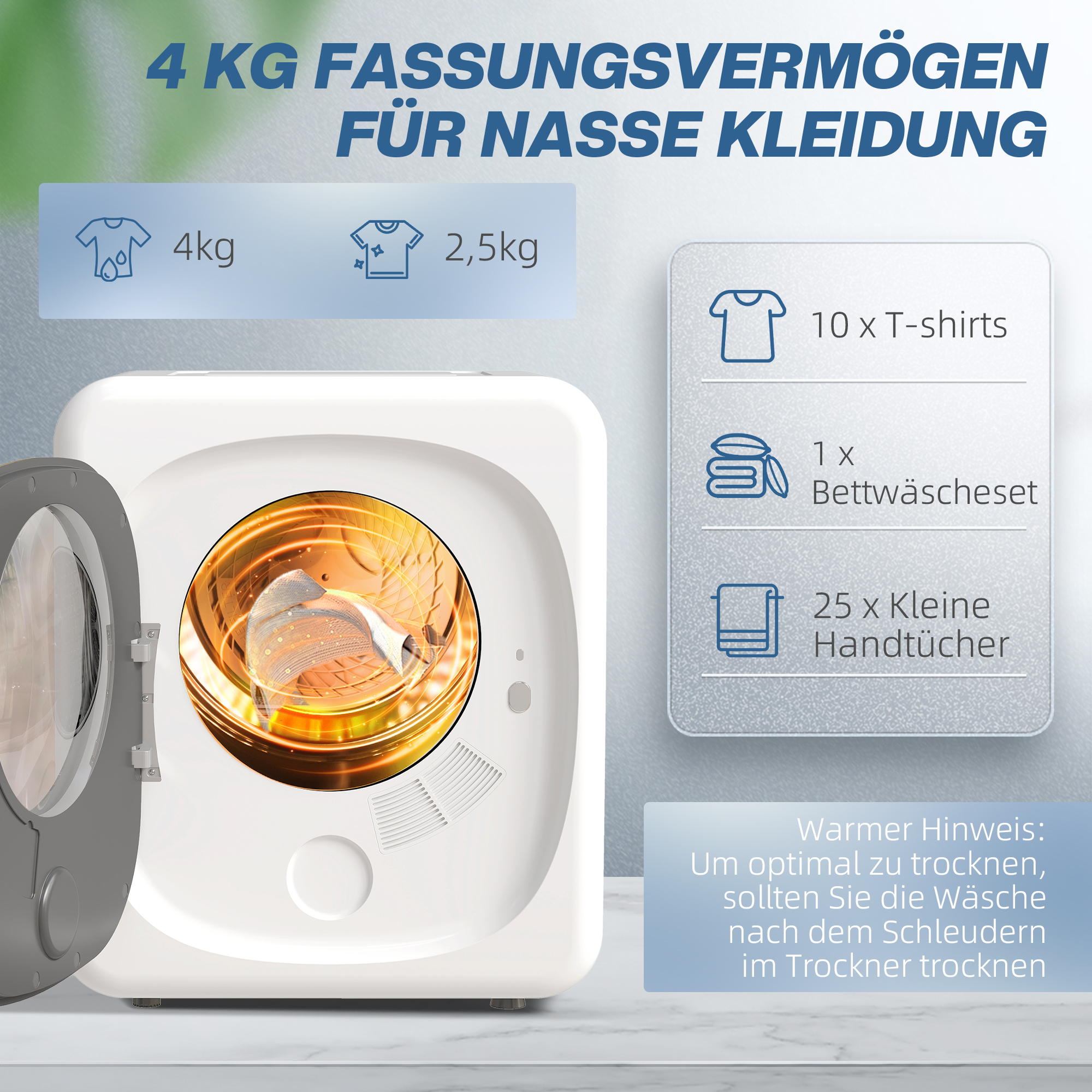 4kg Wäschetrockner, kompaktes Design, 5 Modi, Timer, Weiß+Schwarz