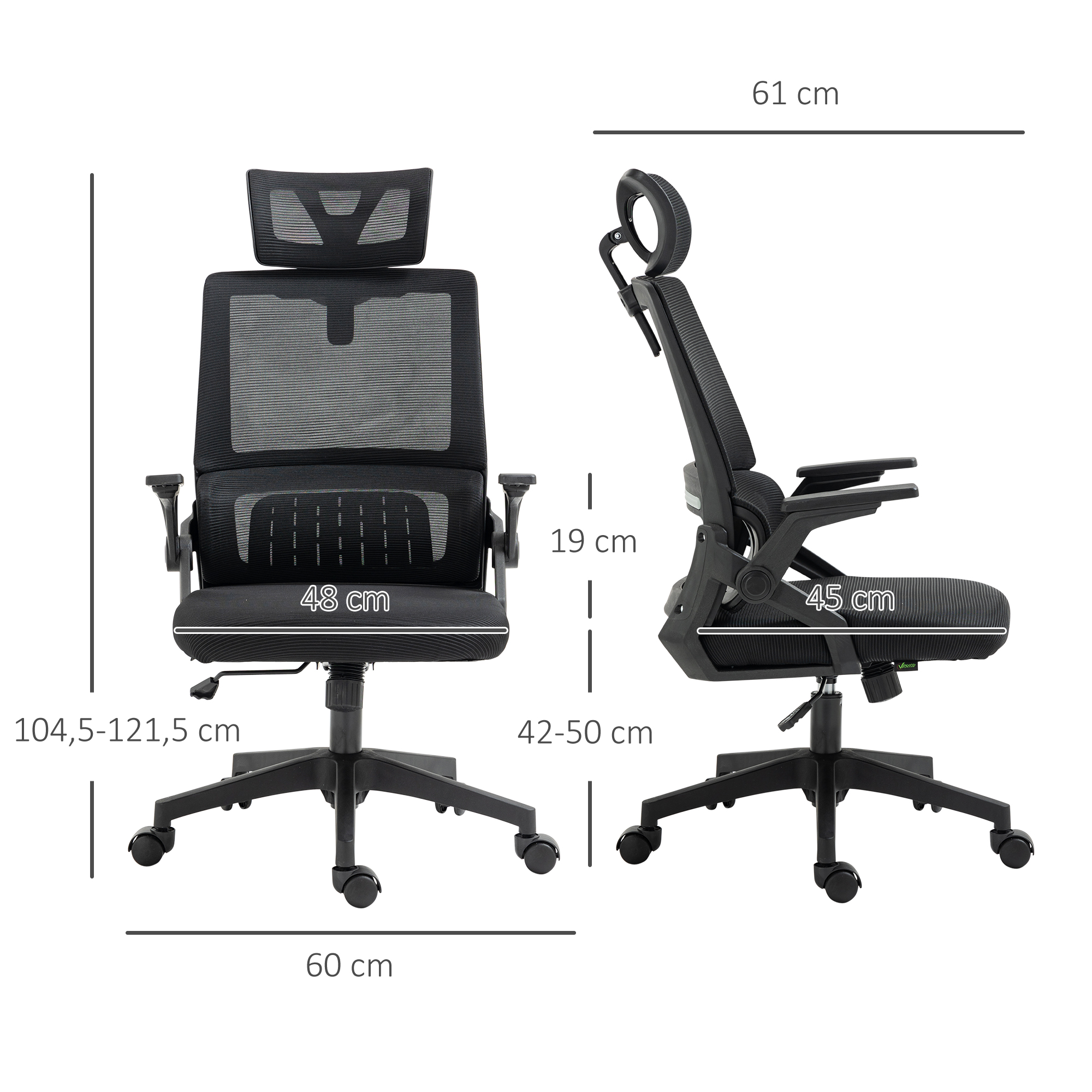 Bürostuhl Schreibtischstuhl Office-Stuhl, höhenverstellbar, 1 Kopfstütze, 60 x 61 x 121,5 cm. Schwarz