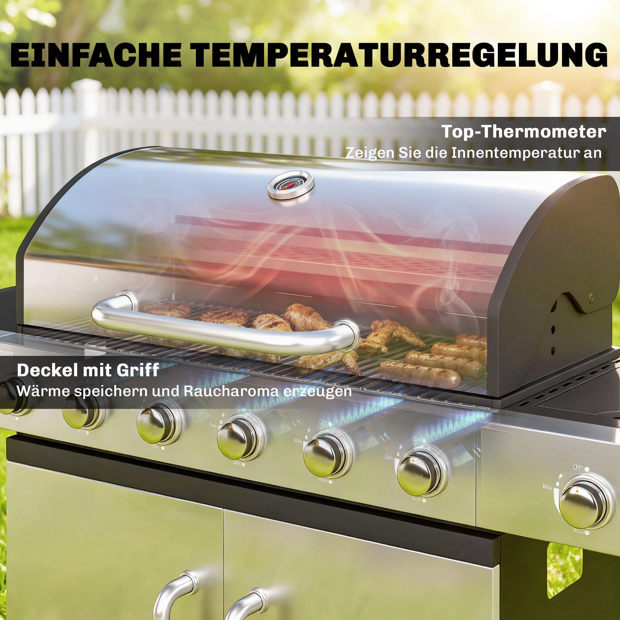 Gasgrill 18,6 KW 6+1 Brenner BBQ Grillwagen aus Edelstahl inkl Rolle Thermometer Warmhalterost Seitentisch Unterschrank