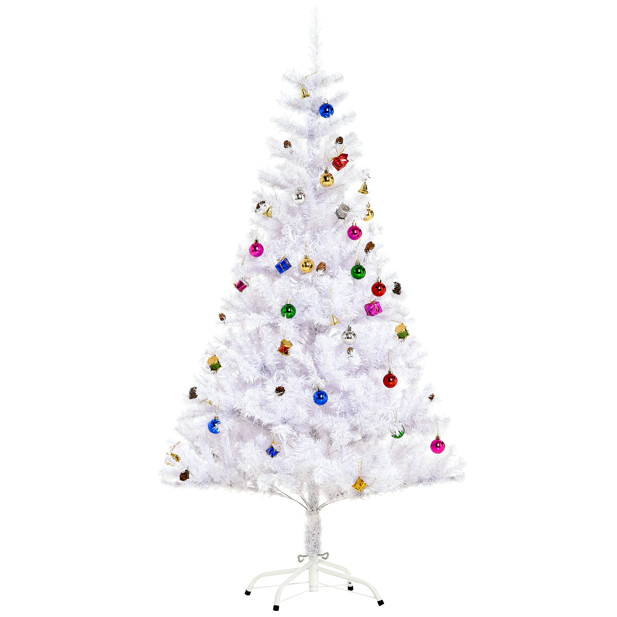Weihnachtsbaum 150 cm künstlich Tannenbaum mit Kugeln, Glocken, Trommeln, Geschenkboxen, Christbaum mit 680 Spitzen, 12 Tannenzapfen Weihnachtsdeko inkl, Metallständer für drinnen