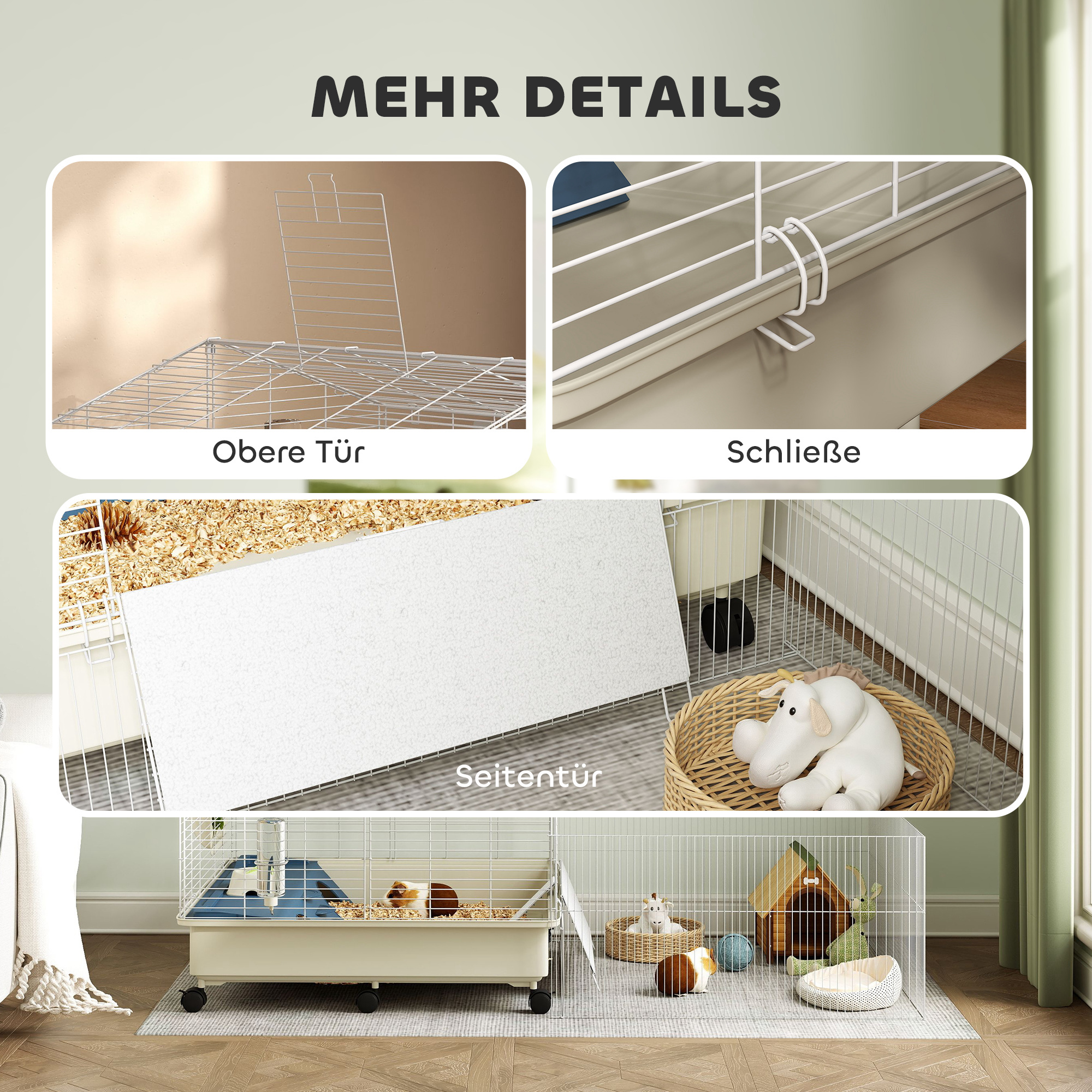 Kleintierkäfig, Balkon, Rampe, Futtertrog, Wasserflasche, 2-Ebenen-Design, Weiß