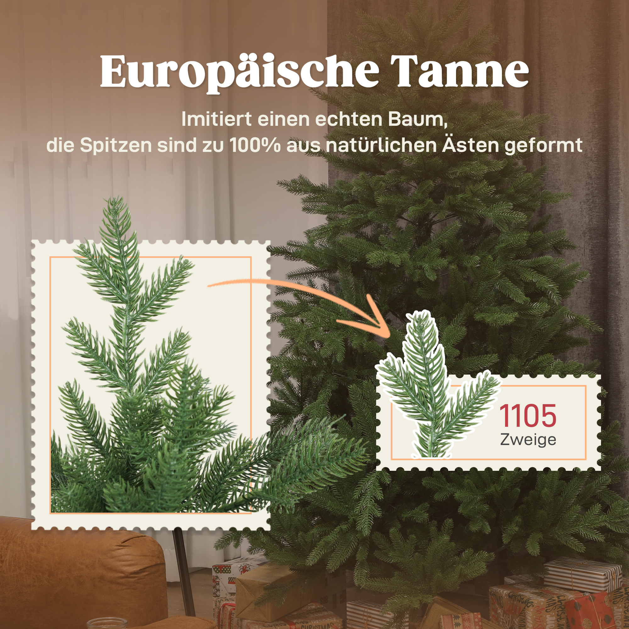 Künstlicher Weihnachtsbaum, realistisches Aussehen, klappbare Zweige, Holzsockel