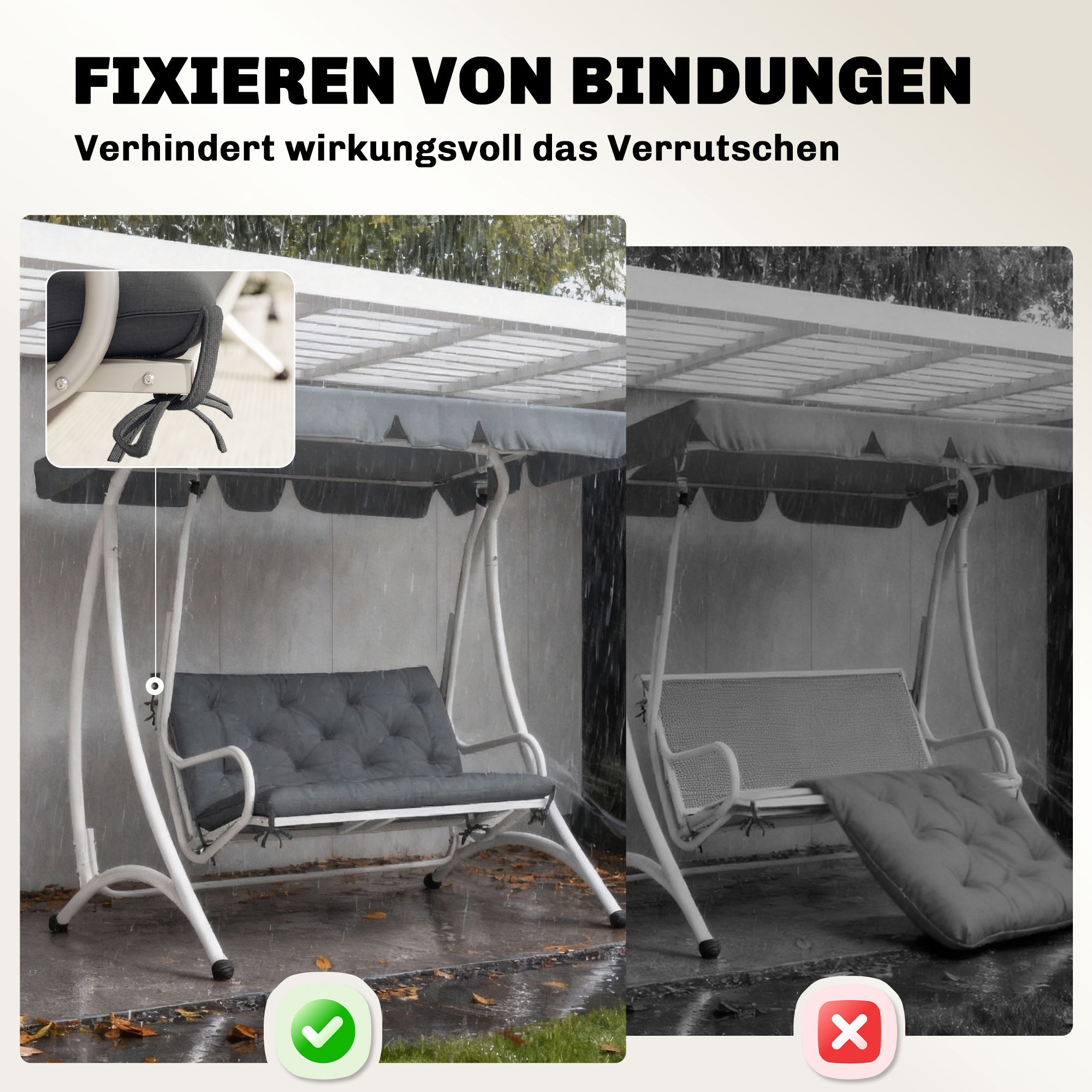 2 Sitzer Bankauflage 100 x 98 x 8 cm Sitzkissen mit Bändern Rückenkissen für Indoor/Outdoor Polster Auflage für Sitzbank Gartenbank Gartenmöbel Hollywoodschaukeln Dunkelgrau