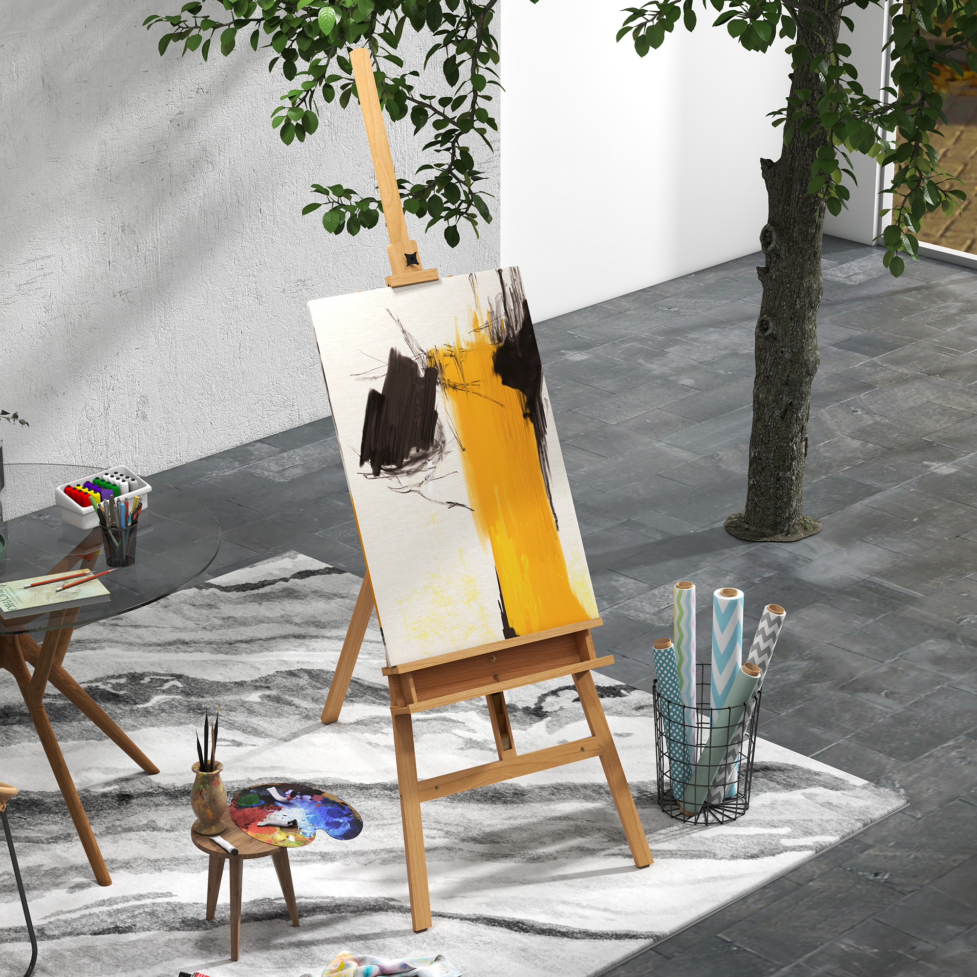 Staffelei, Holzstaffelei, höhenverstellbar, klappbar, Stiftablage, Buchenholz, 65 x 110 x 180-235 cm