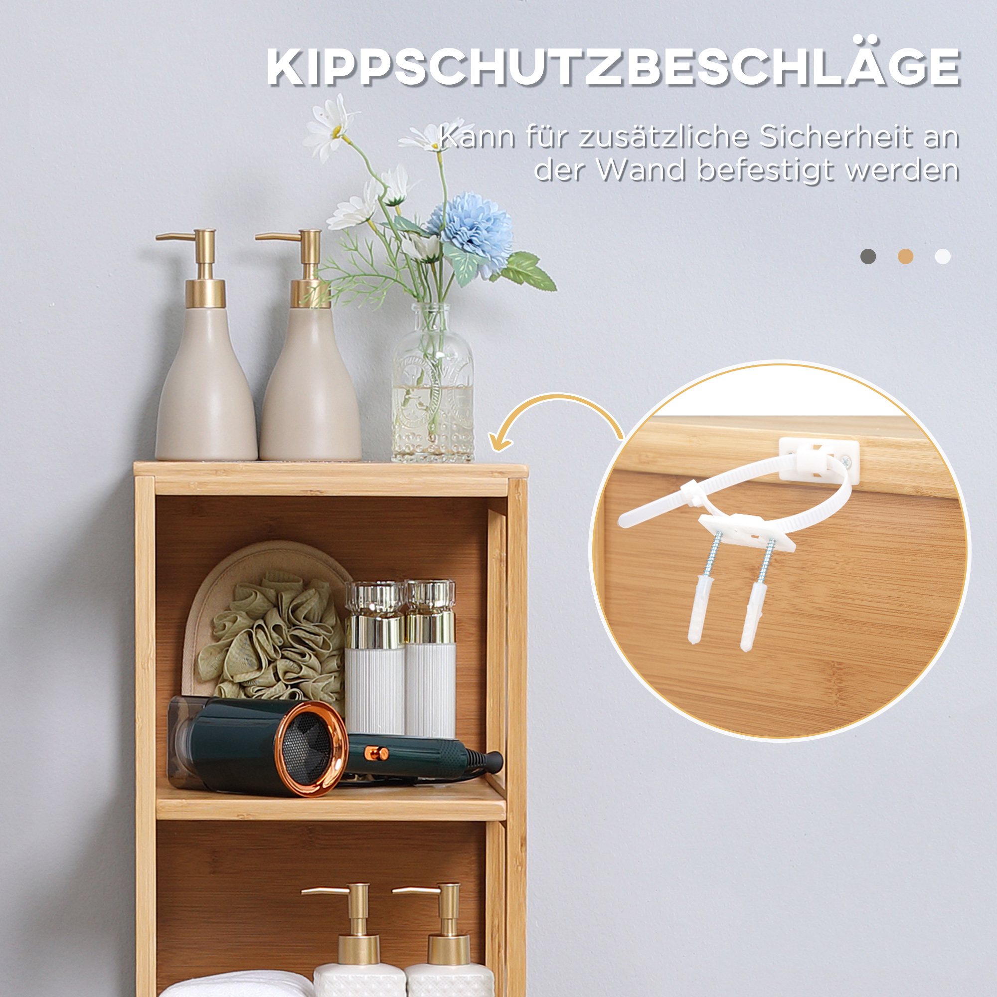 Badezimmerschrank, 3 Regale, 2 Schubladen, Bambus, 30 cm x 30 cm x 140 cm, Natur