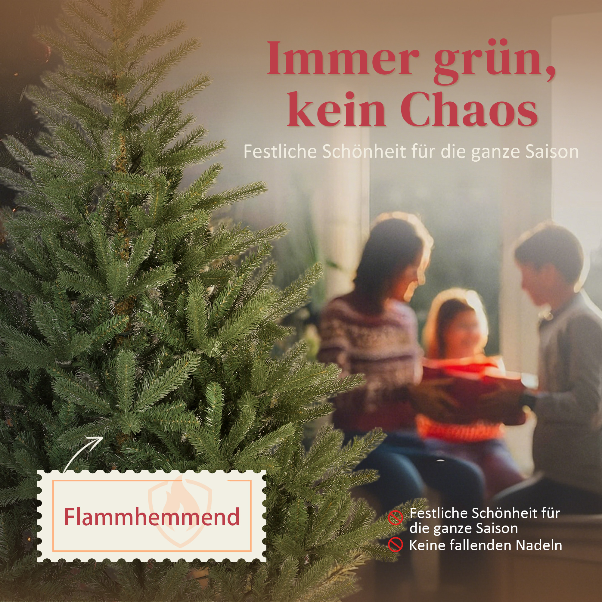 Künstlicher Weihnachtsbaum, 180 cm, dichte Zweige, realistisches Aussehen, flammenhemmend, Kunststoff, Metall, Grün