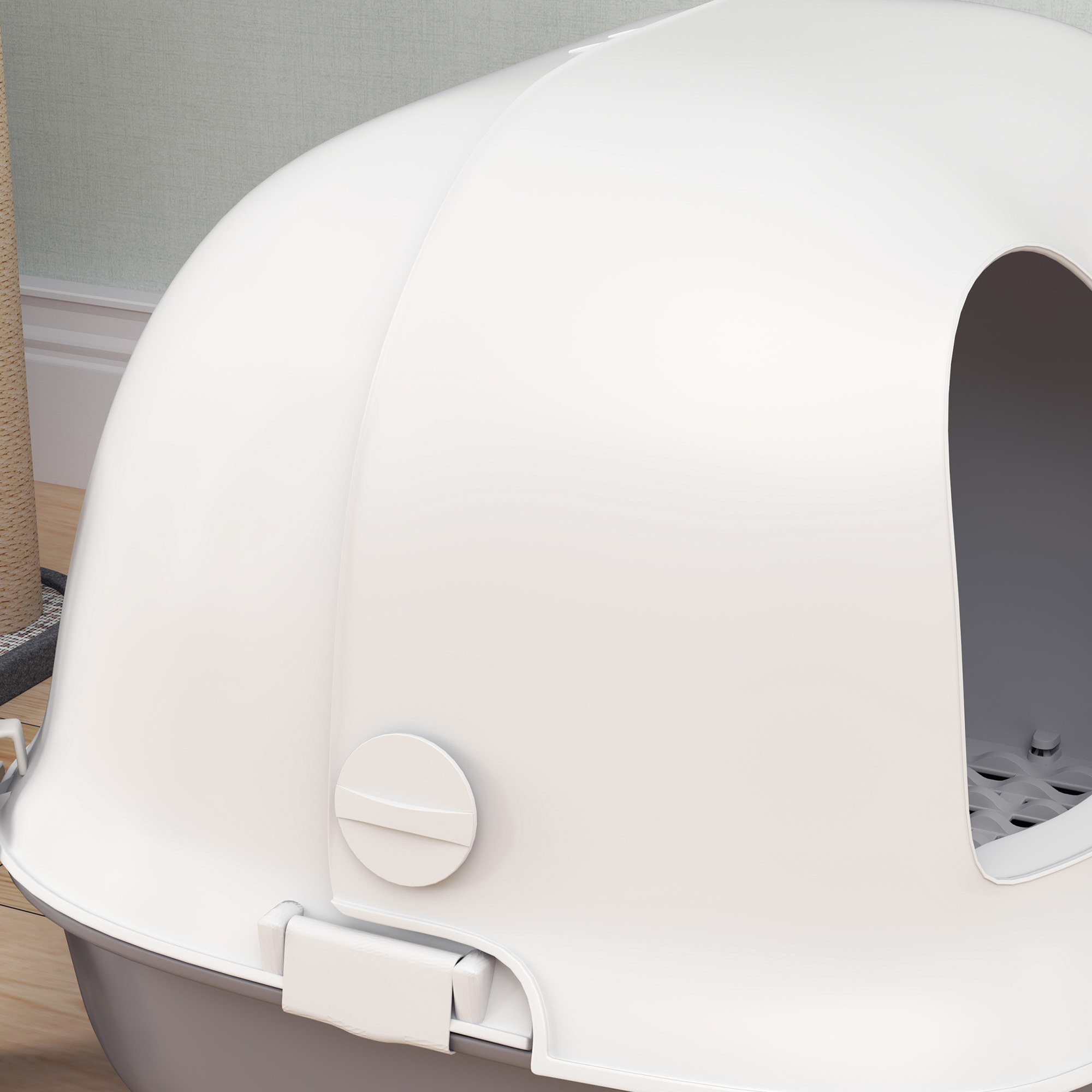 Katzentoilette mit Deckel, Katzenklo mit internem Kanal, Tür, Schaufel, leicht zu reinigen, Kunststoff, Hellgrau