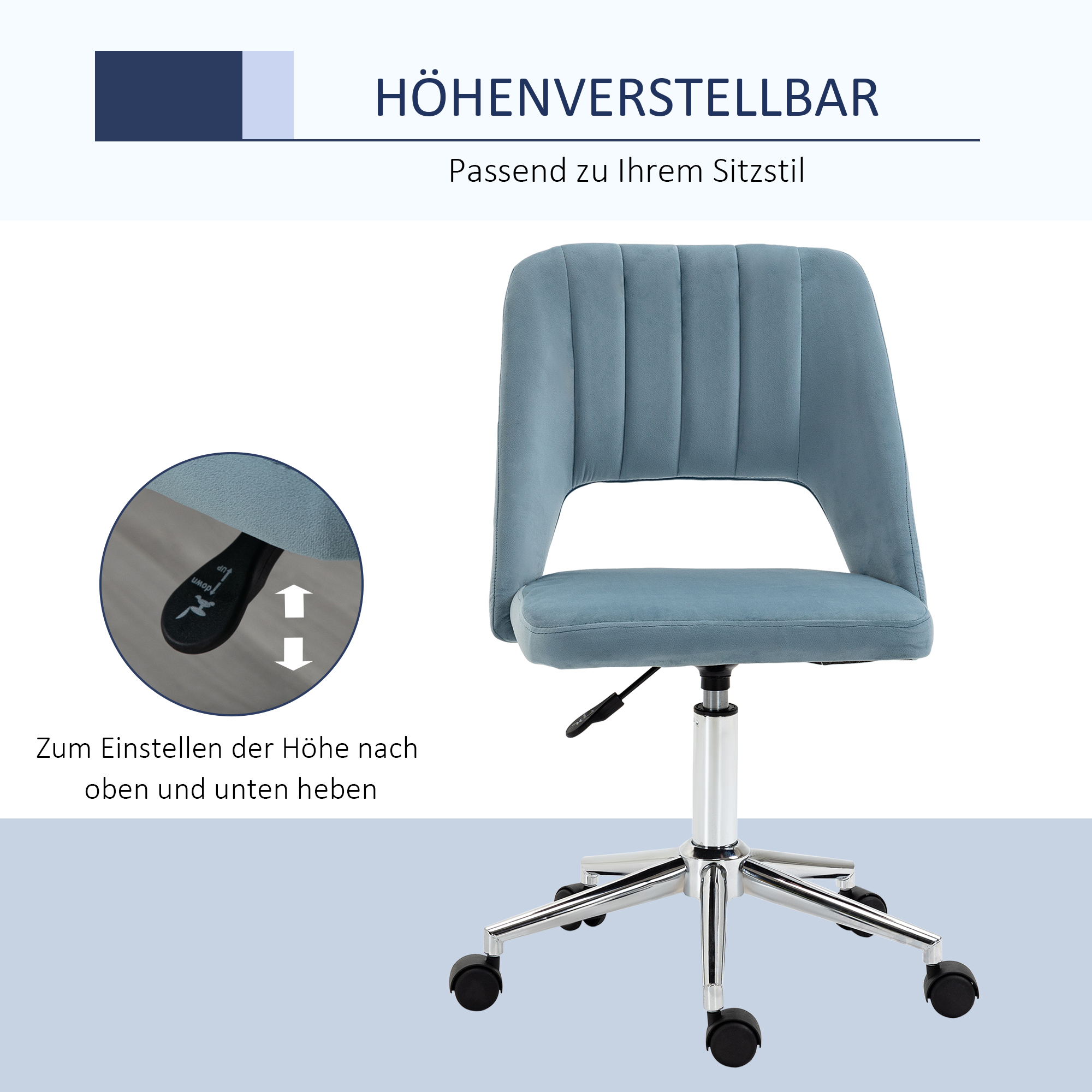 Schreibtischstuhl, Höhenverstellbar Homeoffice Stuhl ohne Armlehne, drehbar Bürostuhl mit Samtoptik, Ergonomisch Schminkstuhl für Schlafzimmer, Arbeitszimmer, Blau