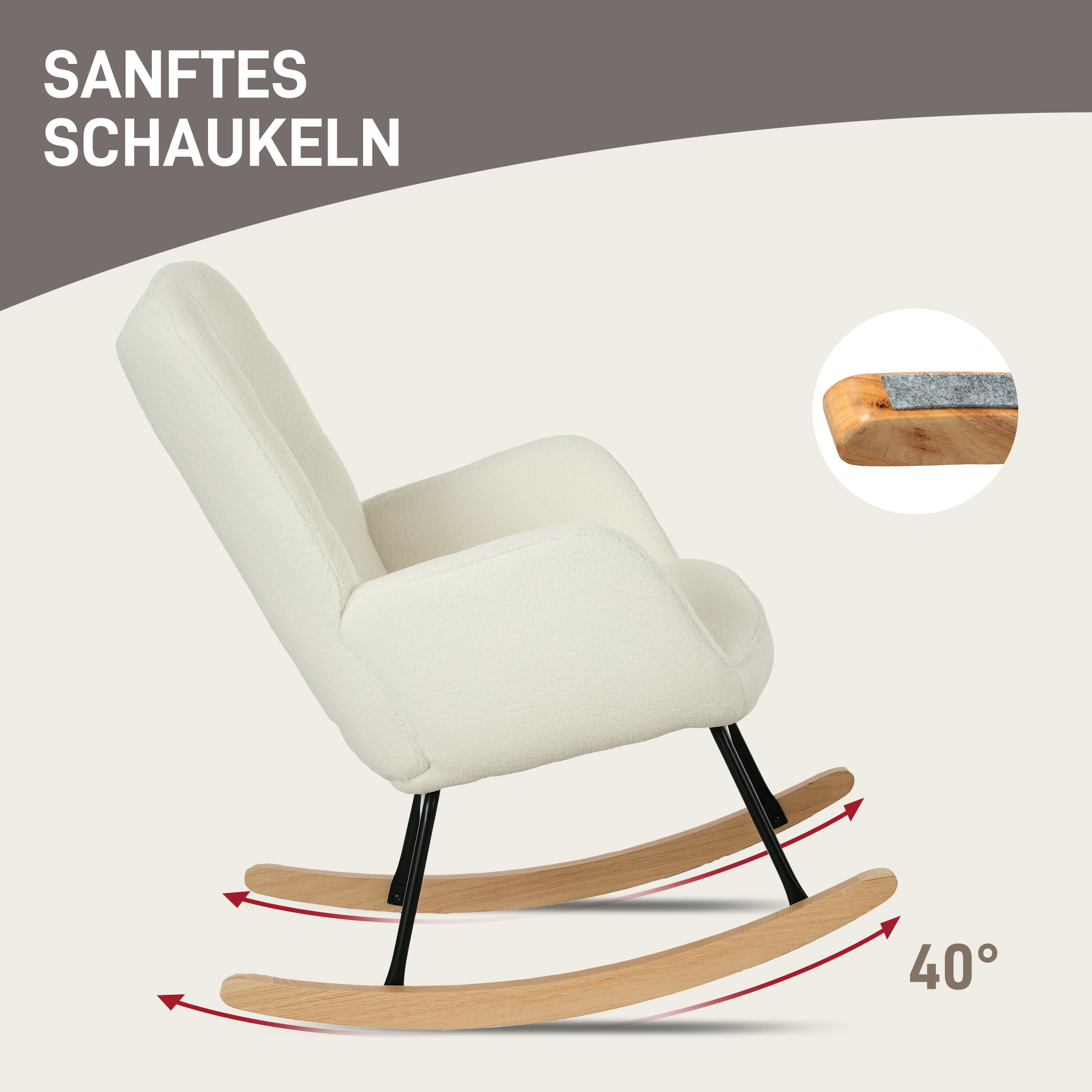 Schaukelstuhl in Vliesoptik mit Armlehnen, Ergonomischer Sessel mit Holzkufen, für Wohnzimmer, Schlafzimmer, Weiß