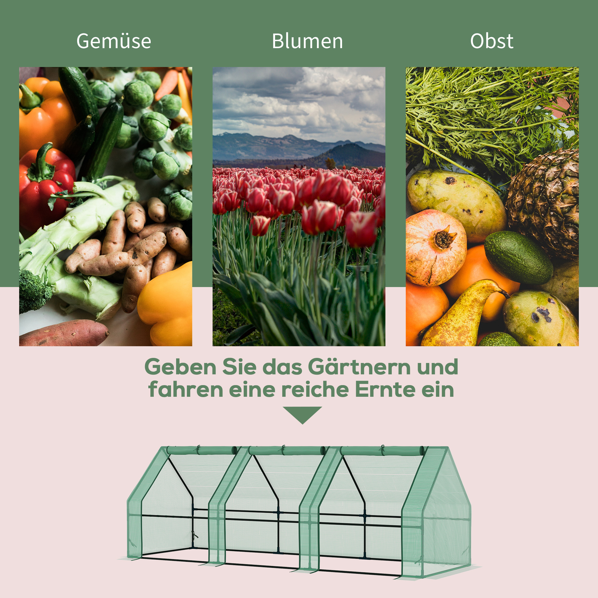 Gewächshaus mit 3 Rollfenster, PE-Gitterfolie, Foliengewächshaus aus Stahl, Treibhaus für Balkon, Garten, Tomatenhaus 270x90x90cm, Tomatengewächshaus für Gemüse, Blumen, Pflanzen, Grün