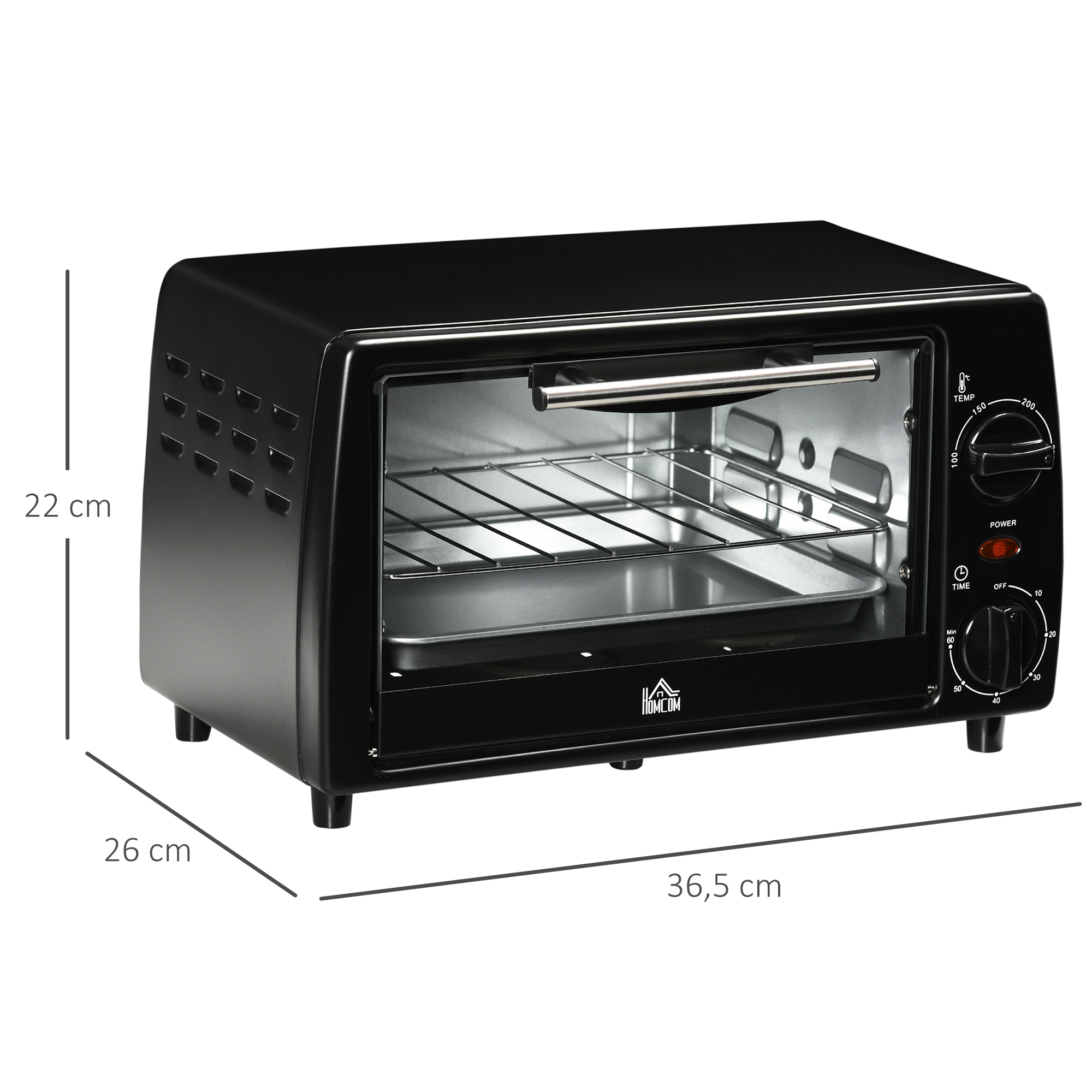 Mini-Ofen Toasterofen, 1 Backblech, 1 Grilrost, 10 L Kapazität, Timer-Funktion, 36,5 cm x 26 cm x 22 cm, Schwarz