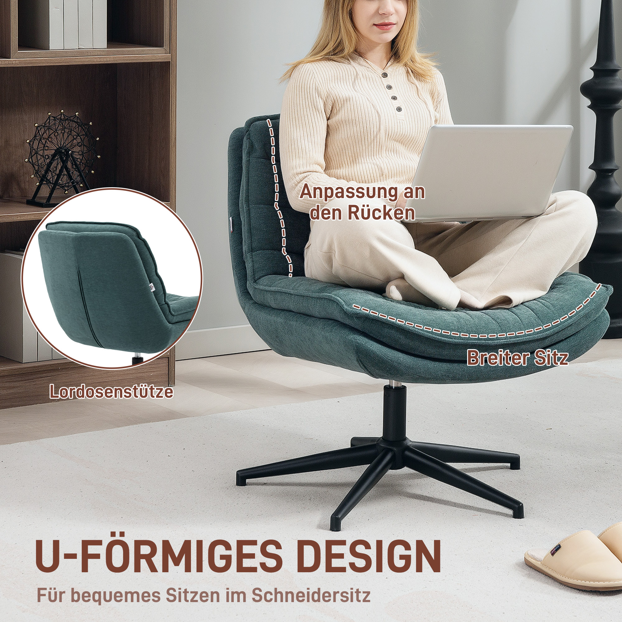 Drehbarer Bürostuhl mit breitem Sitz, Geräumiger Polsterstuhl fürs Büro, Arbeitszimmer, Dunkelgrün