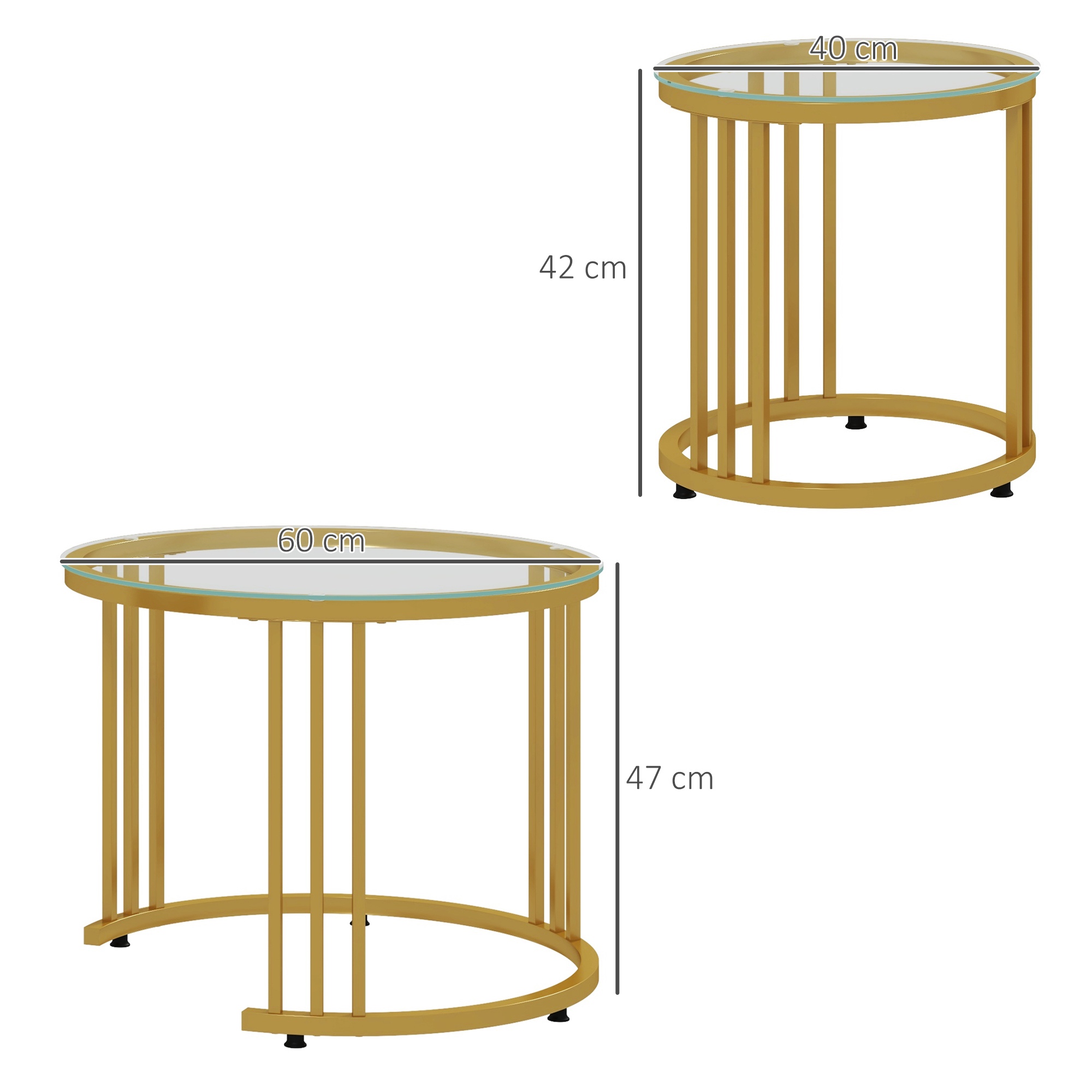 Beistelltisch-Set, 2 Satztische, Karbonstahl, Glasplatte, Ø60x47/Ø40x42 cm, Gold