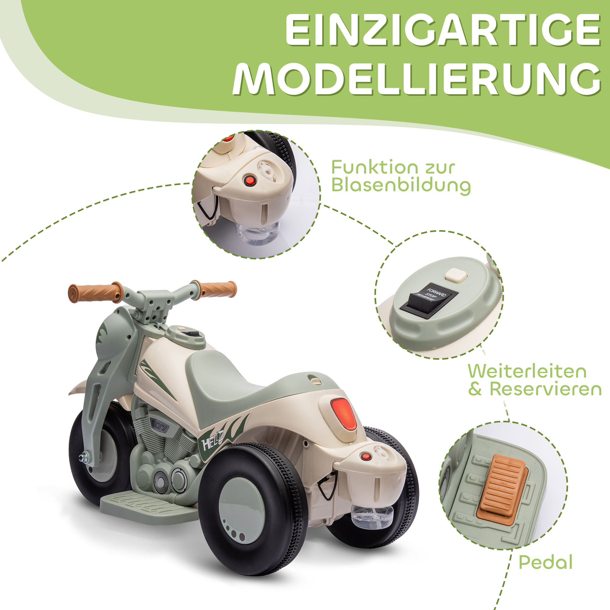 Kinder Elektro-Motorrad, 6V Kindermotorrad mit Musik, Blasen 2,5-3 km/h, für 2-5 Jahre Kinder