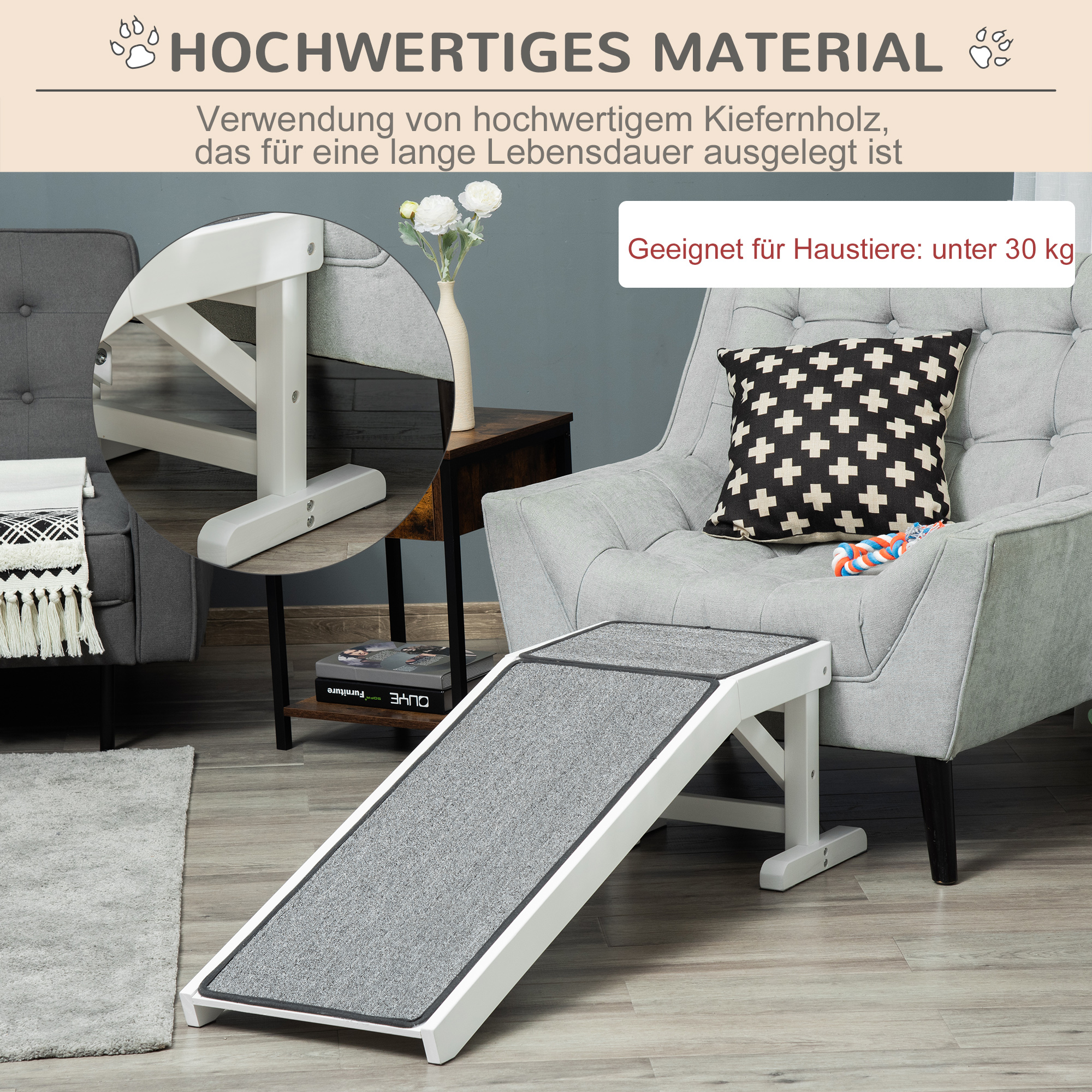 Haustierrampe mit rutschfestem Teppich 125 x 40 x 35,5cm Kiefernholz