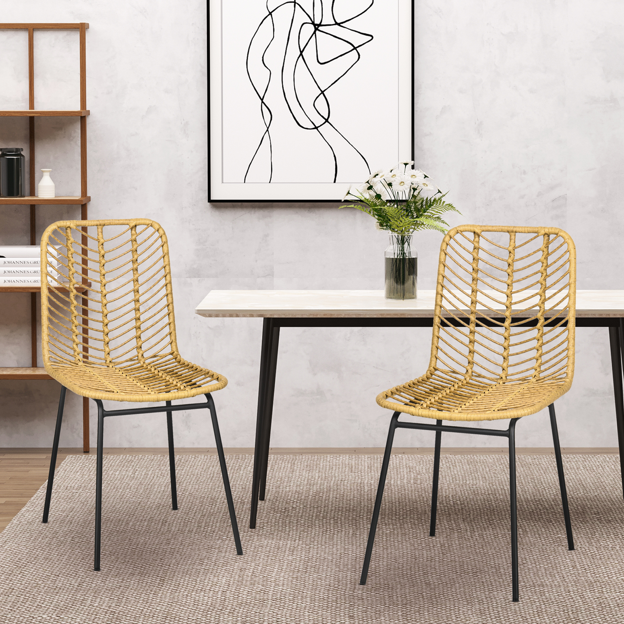 2er-Set Esszimmerstühle im Boho-Stil, Akzentstuhl, PE-Rattan, 44 cm x 58 cm x 85 cm, Natur + Gelb