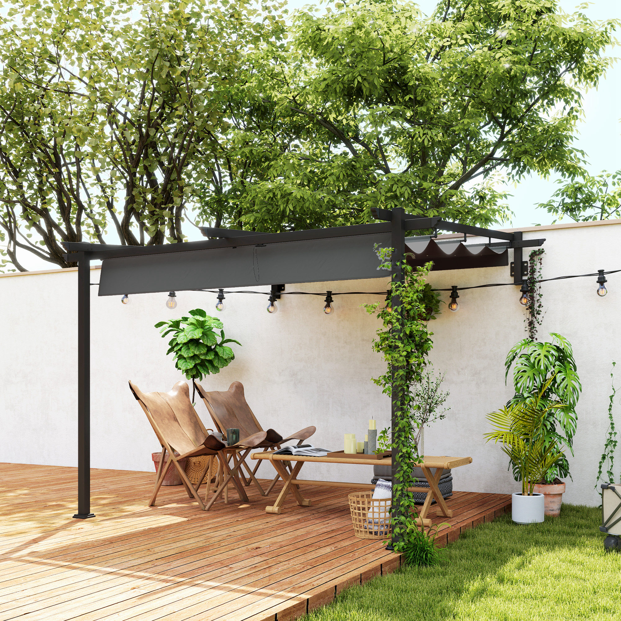 Pavillon, 3 x 3 m Pergola, Winddichtes Terrassendach, Wandmontage, Verstellbares Dach, für Garten, Terrasse, Dunkelgrau