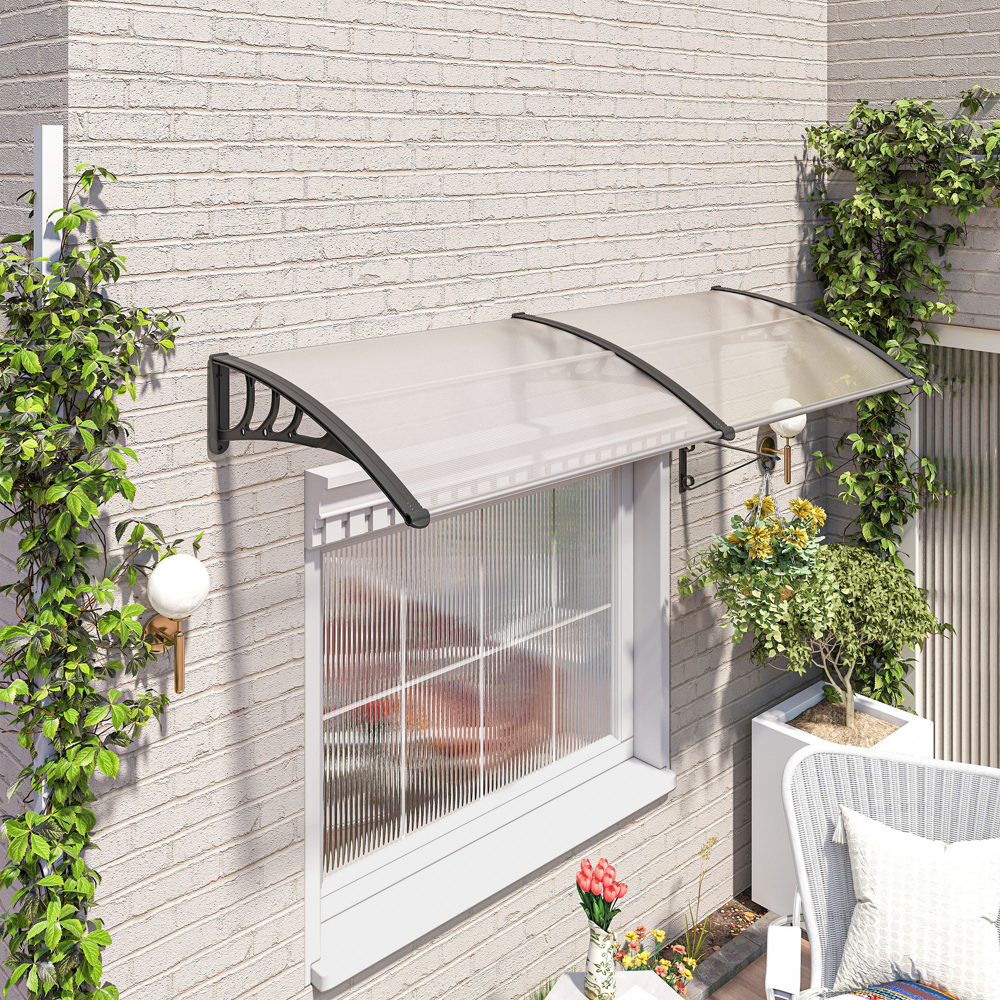 Pultvordach Vordach für Haustür 75x195x23 cm Überdachung 5mm Polycarbonat Sonnenschutz Regenschutz für draußen Alu Transparent