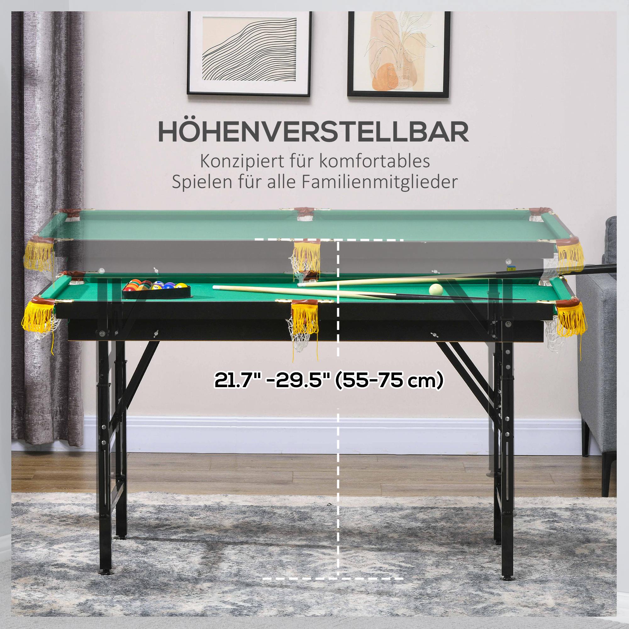 Billardtisch, klappbar, höhenverstellbar, inkl. Dreieck/2 Queues/16 Kugeln, Grün