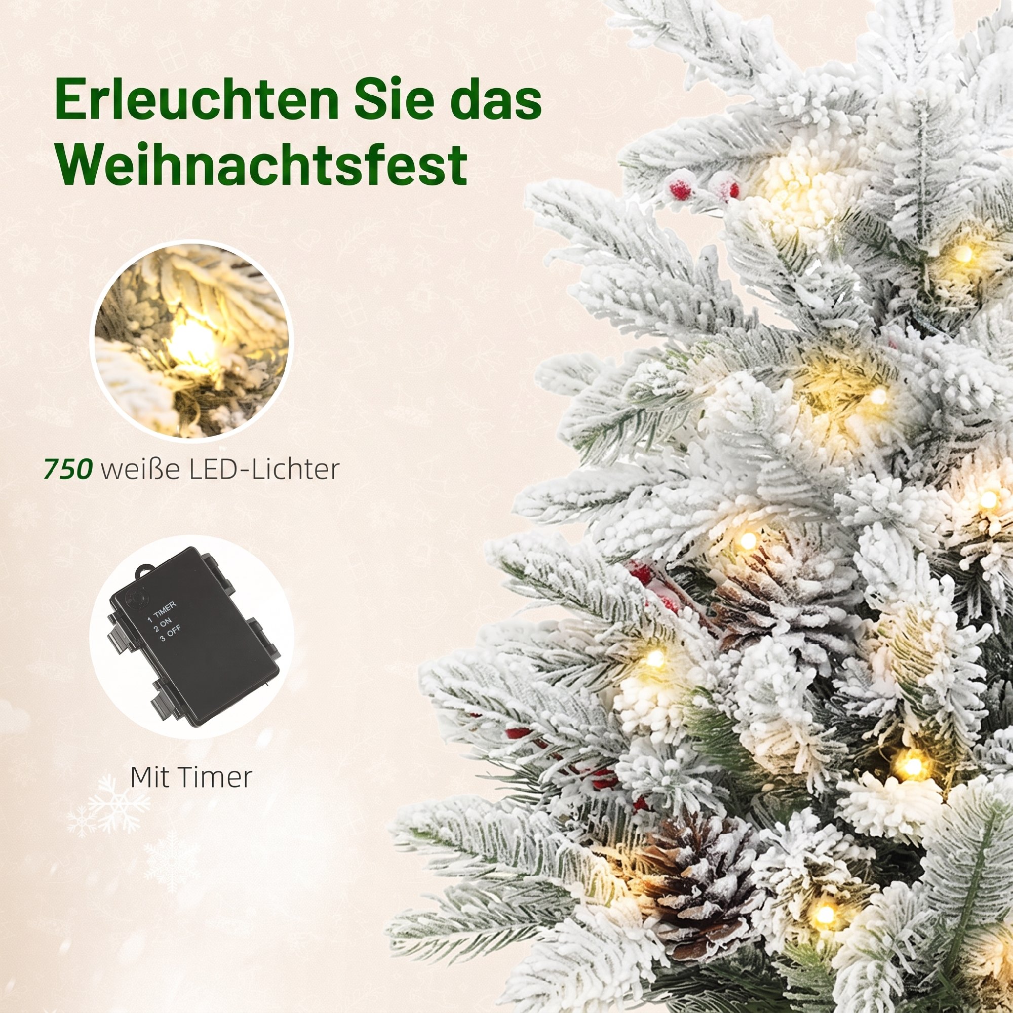 Mini 60cm Weihnachtsbaum mit 35 LED-Lichtern, Schnee-Effekt, Mini-Tischbaum mit Tannenzapfen, Künstlicher Weihnachtsbaum für Weihnachtsdekoration, Weiß