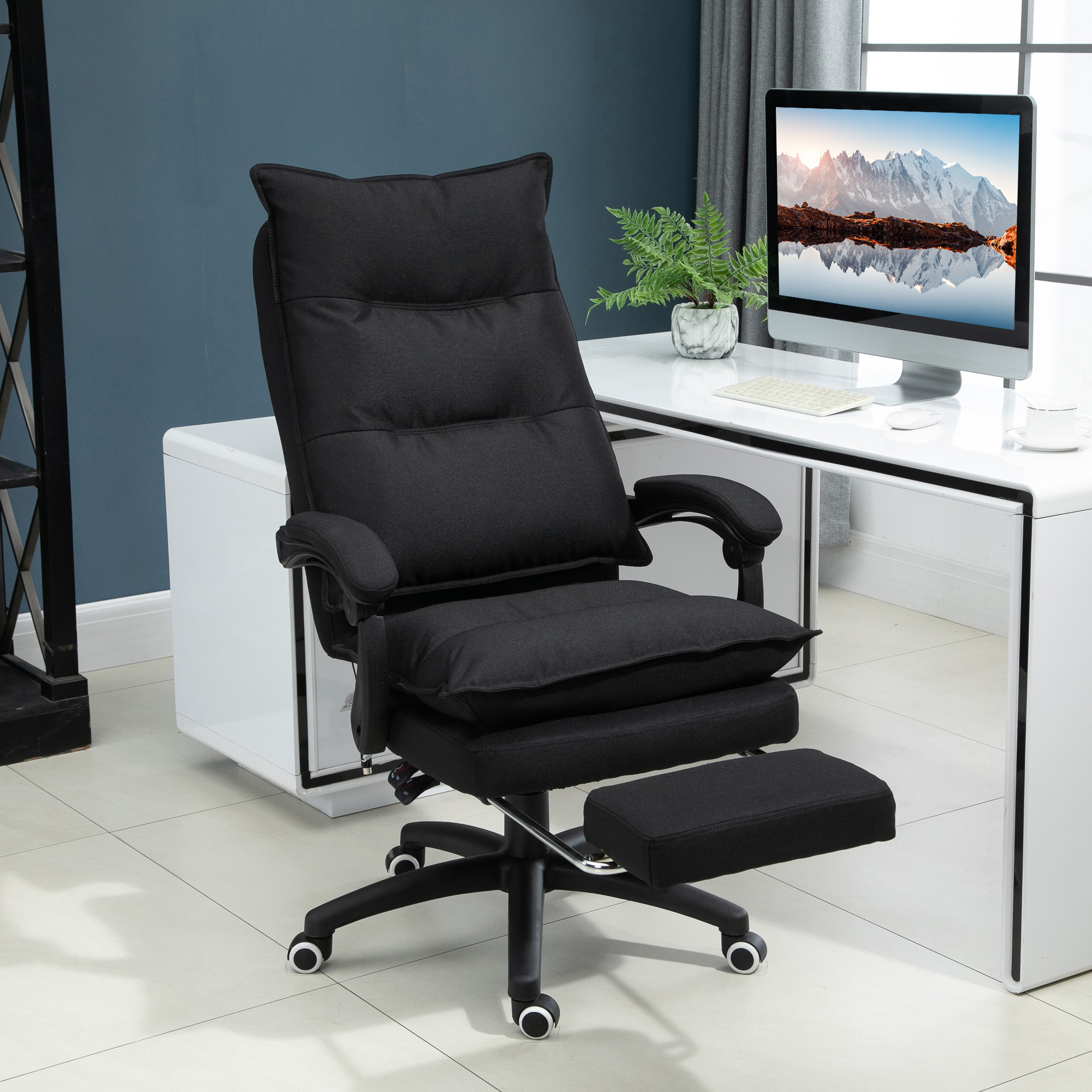 Bürostuhl mit Massagefunktion, Ergonomischer Schreibtischstuhl mit Liege- & Drehfunktion, mit Fußstütze, Schwarz