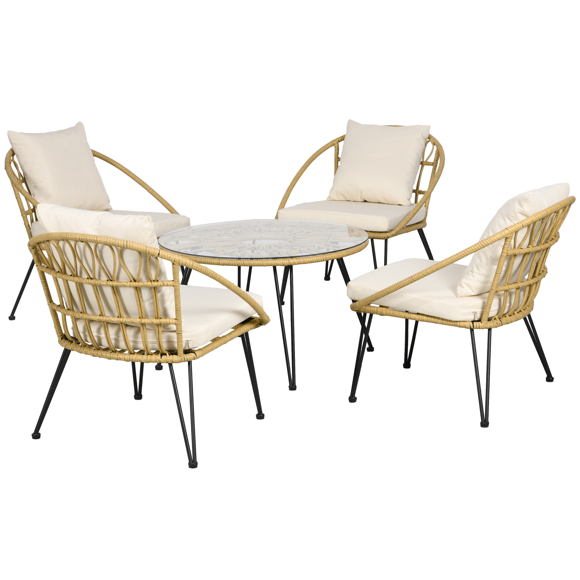 5-teilige Gartensitzgruppe, Boho-Stil, 1 Esstisch & 4 Stühle, Auflagen, Polyrattan, Beige/Natur