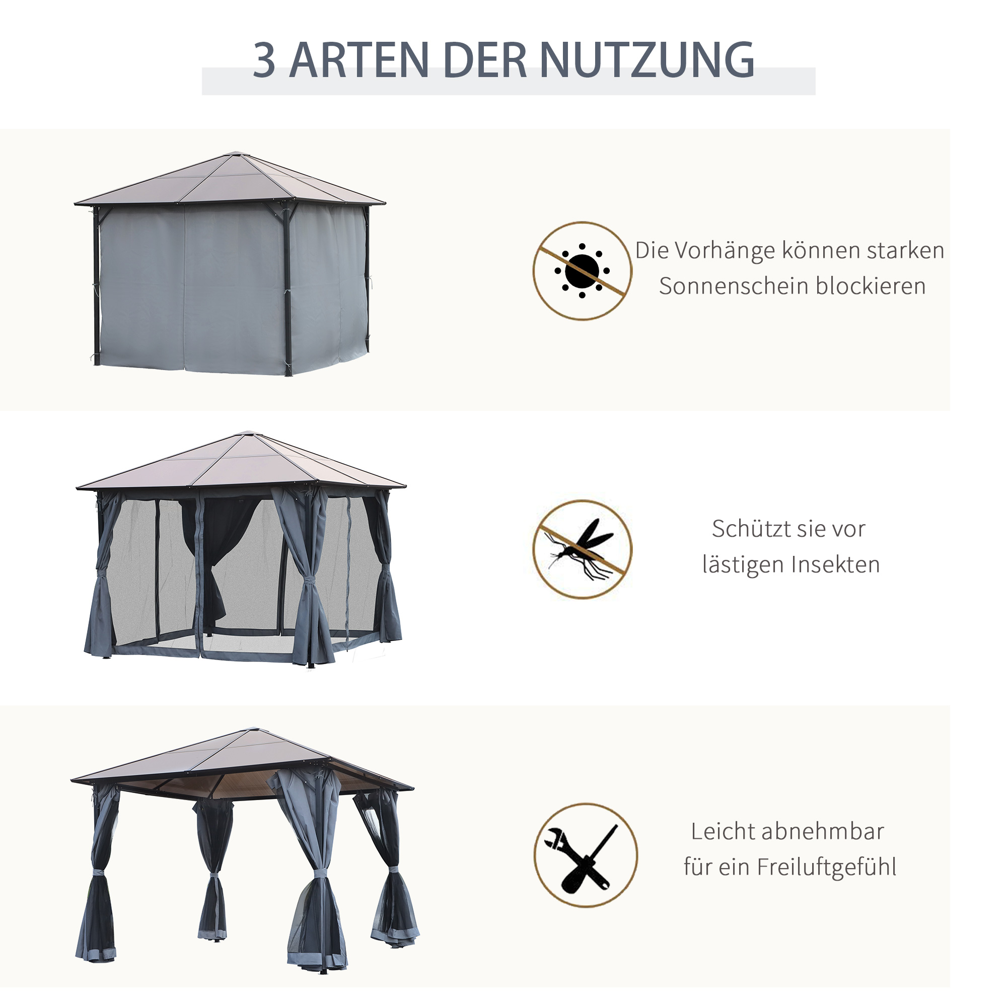 Pavillon mit Polycarbonatdach, Vorhänge mit Fliegennetz, Alugestell, dunkelgrau, 3 x 3 m