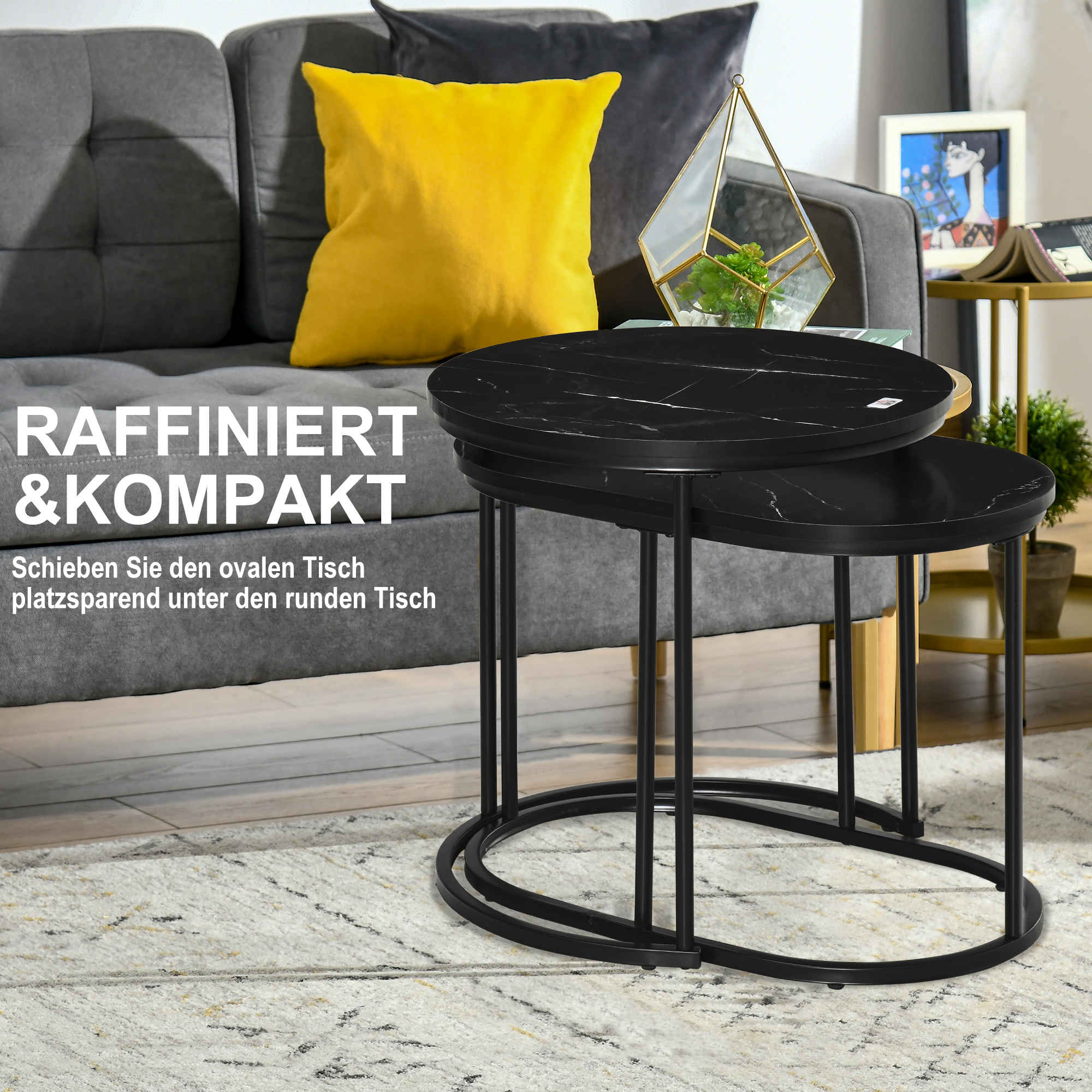 2er-Set Couchtisch, Ovaler und runder Kaffeetisch, stapelbar, Marmoroptik, MDF, Metall, Ø50 x 50,5H cm, Schwarz