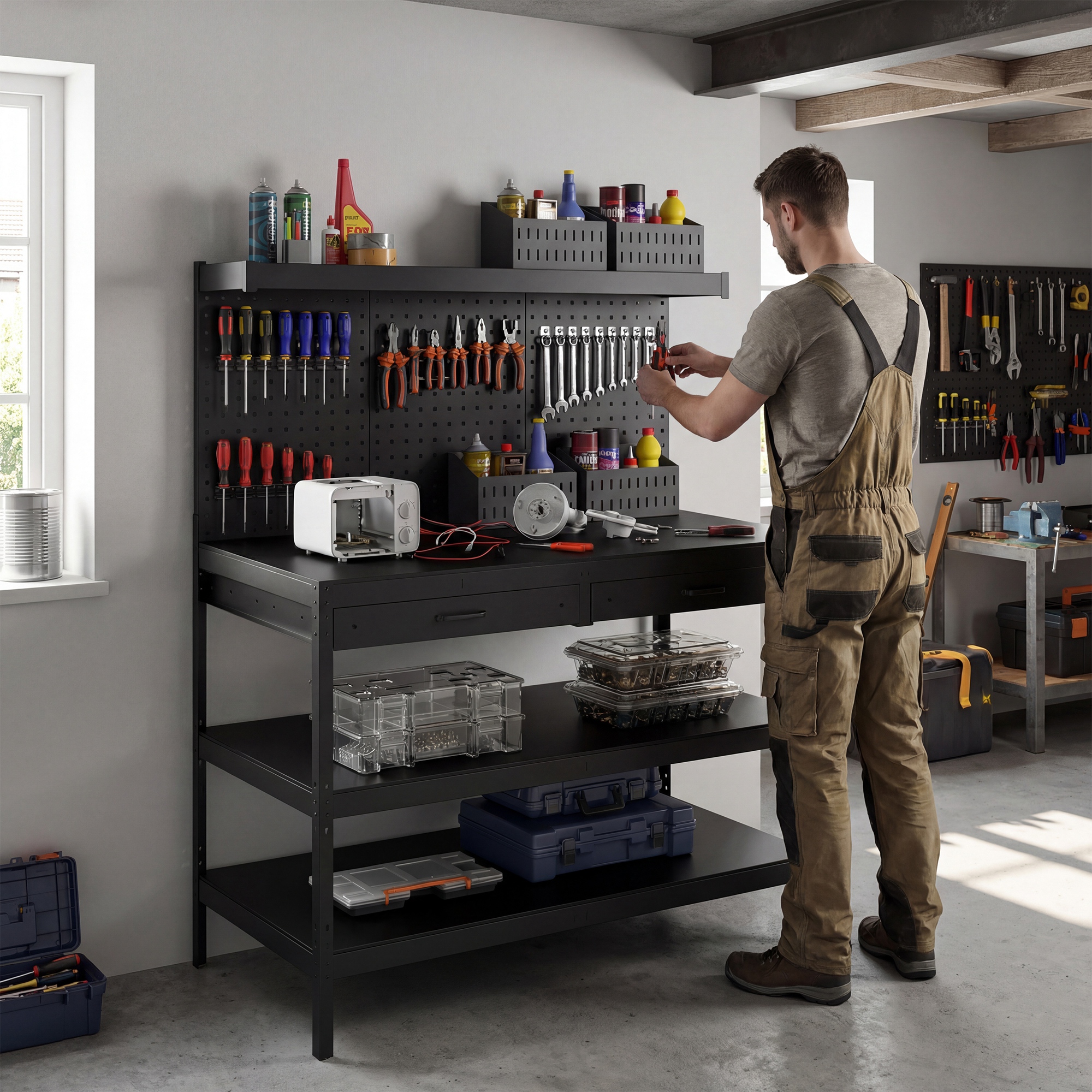 Werkbank mit verstellbaren Regalen, robuste Arbeitsstation mit Lochwand und 2 Schubladen, 122 x 61 x 156 cm, Schwarz