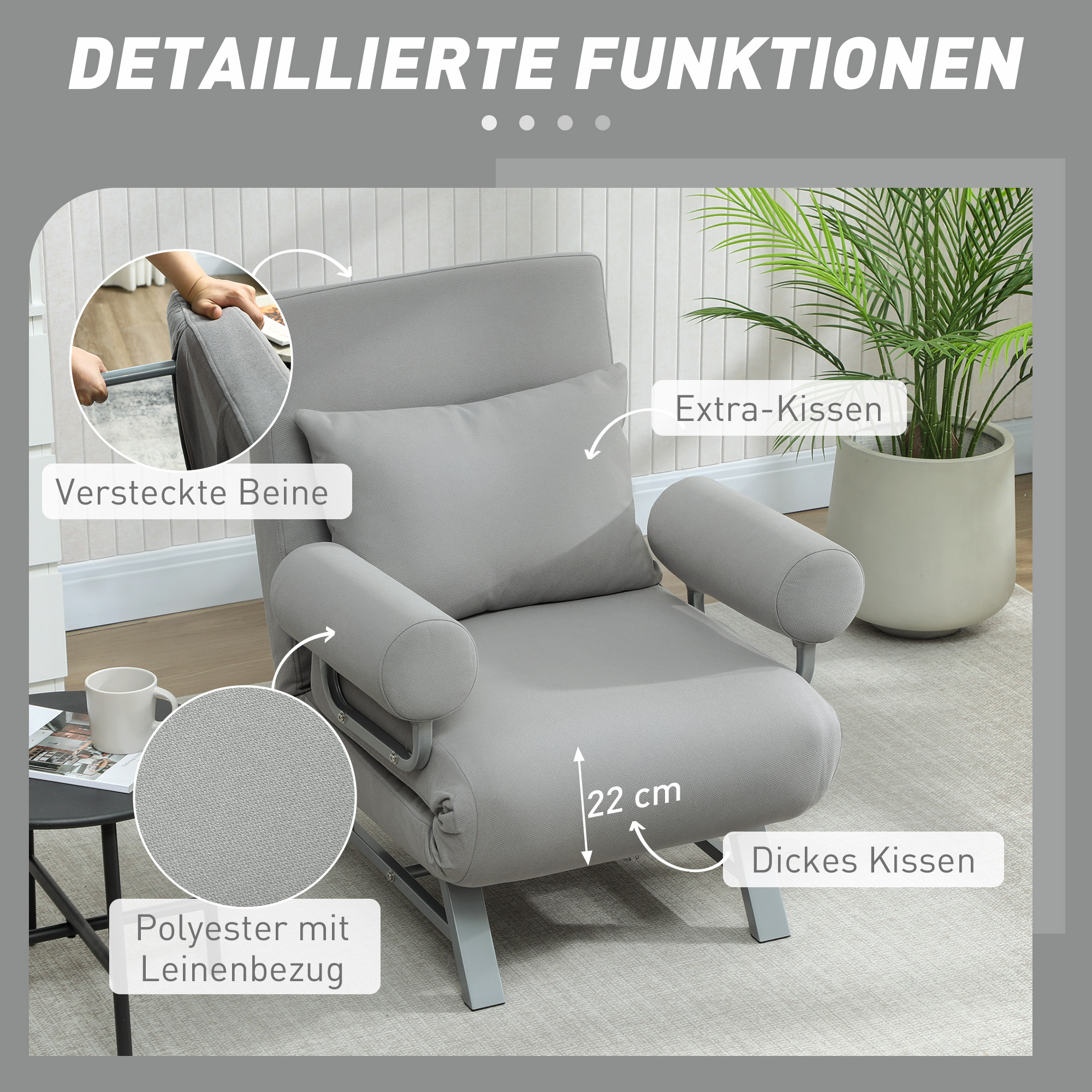 Schlafsessel, Polstersessel, zum Gästebett umwandelbar, ergonomisch, Hellgrau