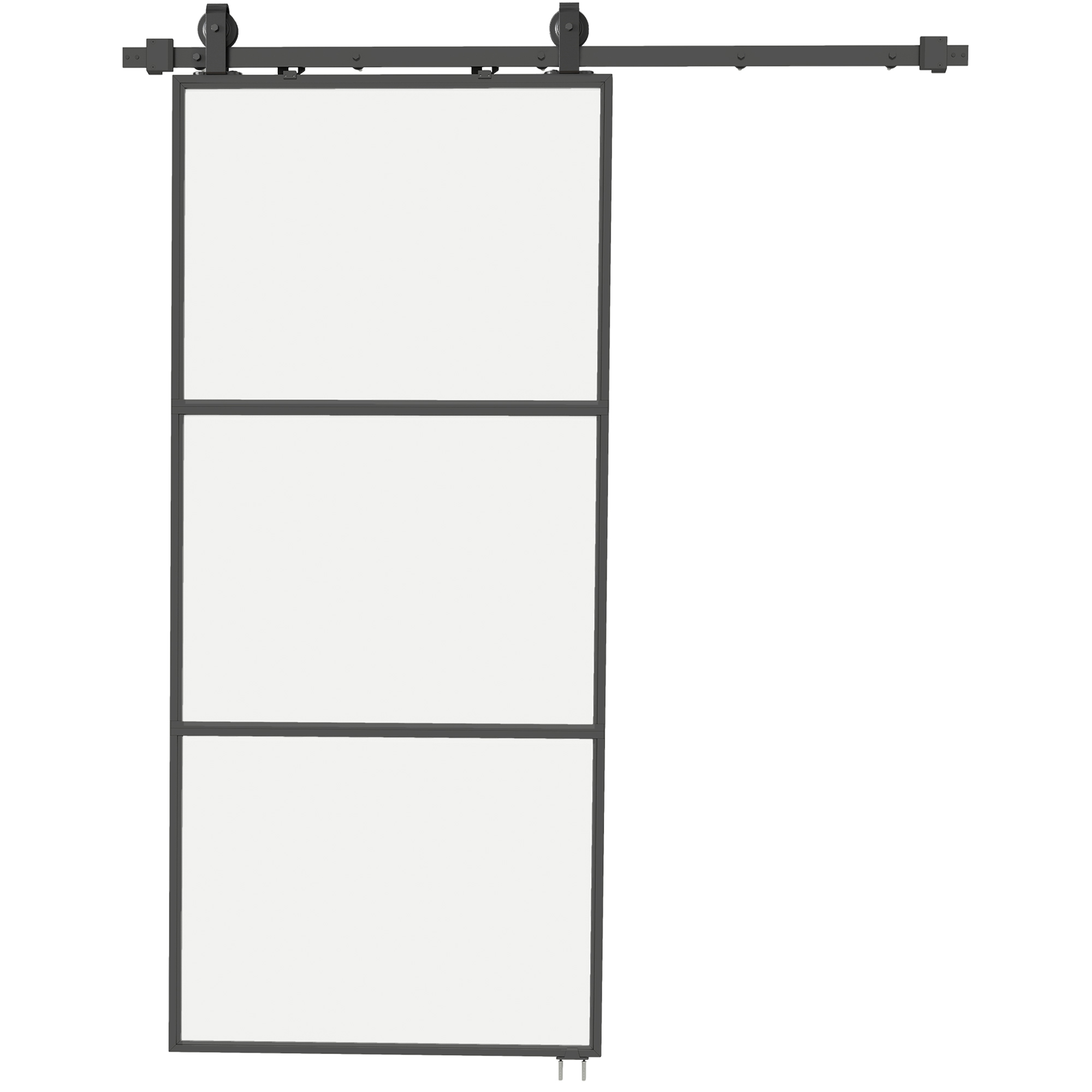 Schiebetür mit Milchglas, Schienensystem, Montagesatz, Soft-Close-Mechanismus, leichter Zusammenbau, Stahl, Schwarz